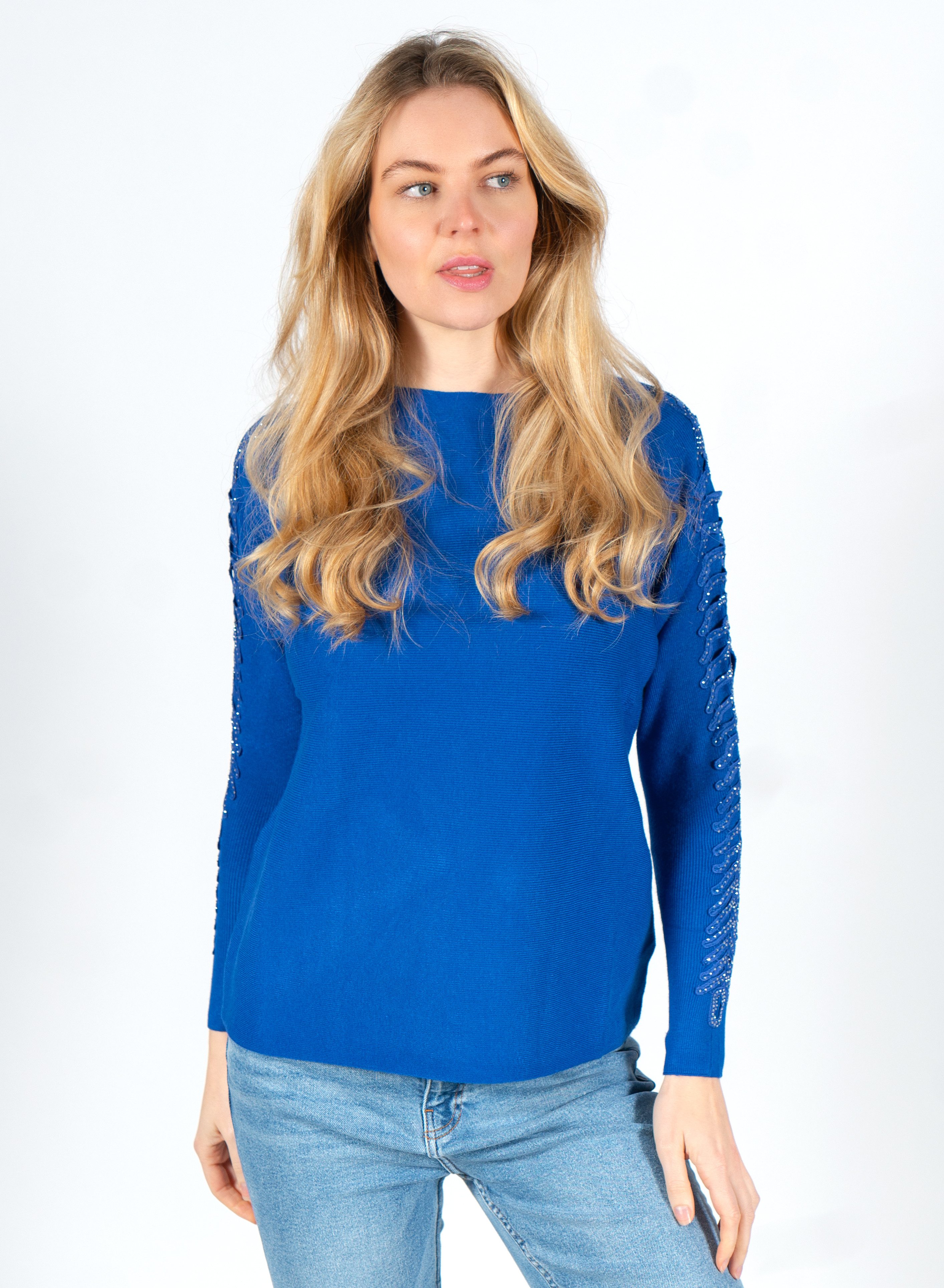 Passioni Strickpullover mit offenen gerippten Ärmeln und Glitzersteinen günstig online kaufen