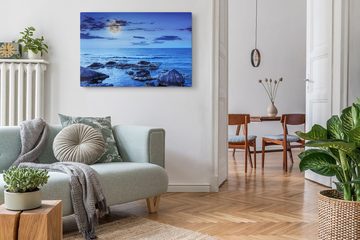 Sinus Art Leinwandbild 120x80cm Wandbild auf Leinwand Vollmond Meer Blau Dunkelblau Felsen Ho, (1 St)