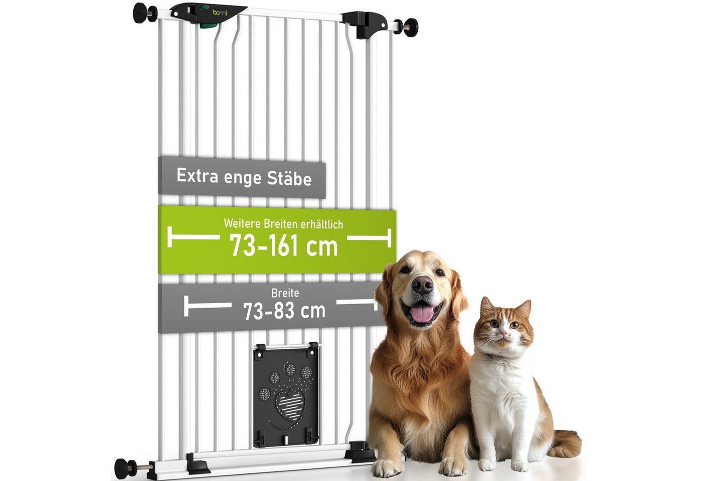 BOMI Türschutzgitter Tierschutzgitter Mira 73–161 cm, 107 cm extrahoch, mit Katzenklappe (ohne Bohren, verschraubbar, extra hoch), Tierschutzgitter ohne Bohren – Absperrgitter Tier extra enge Streben