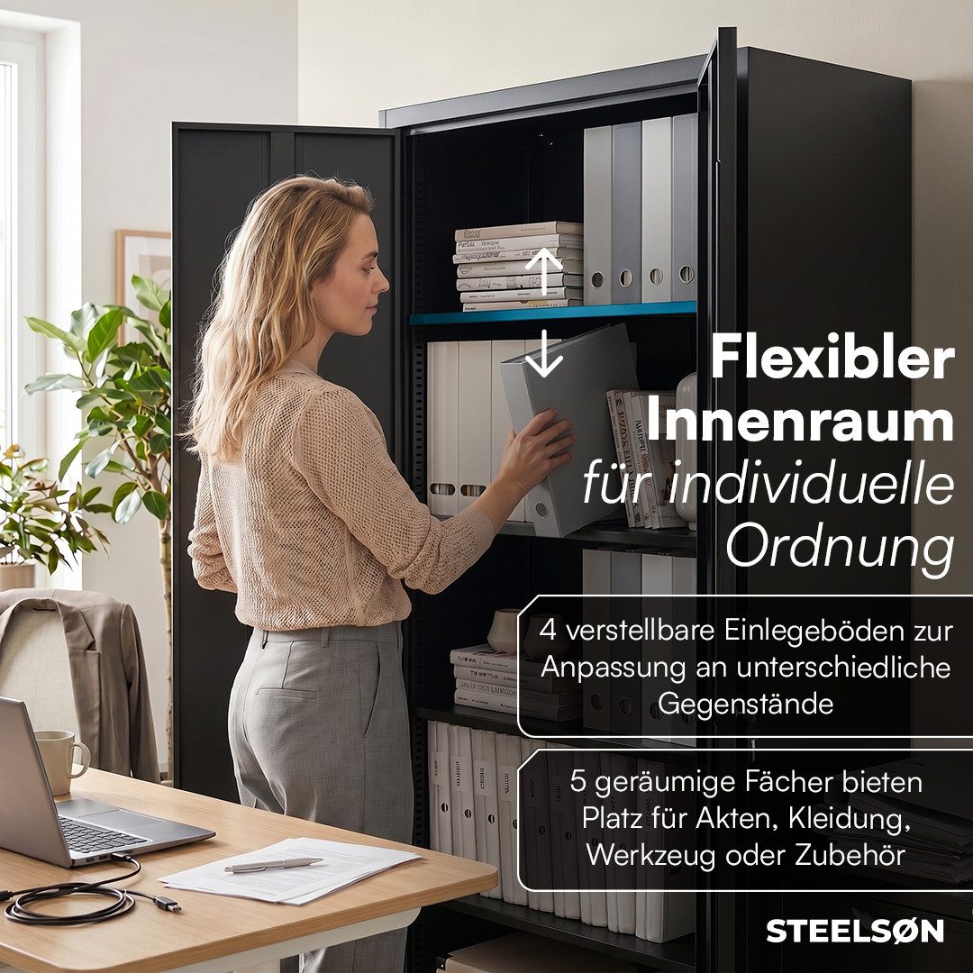 STEELSØN Aktenschrank Regulus aus Stahl, abschließbar mit 2 Schlüsseln (Schwarz) Spindschrank mit 4 höhenverstellbaren Einlegeböden, 175x40x80 cm – Bild 4 von 5