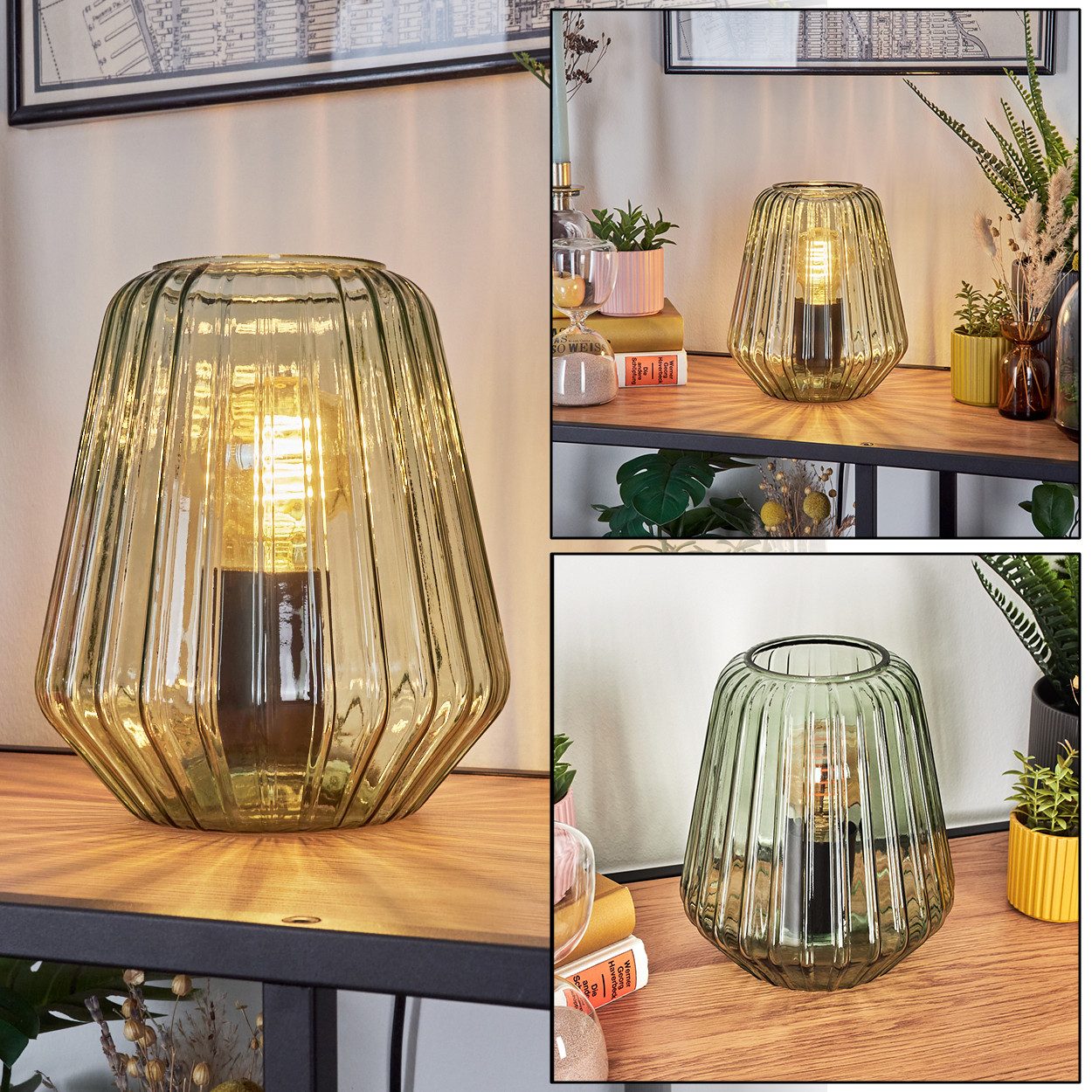 hofstein Tischleuchte Tischlampe aus Metall/Glas in Schwarz/Grün, ohne Leuchtmittel, Glasschirm (17cm), An/-Auschalter am Kabel, 1x E27, ohne Leuchtmittel