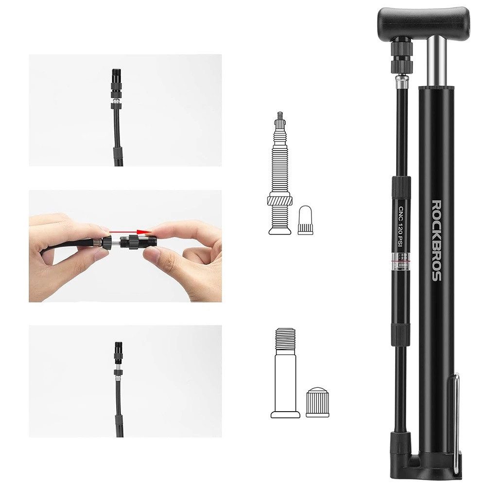ROCKBROS Fahrradpumpe Standfahrradpumpe – Schwarz mit 120 psi / 8 Bar - mit 2 Spitzen