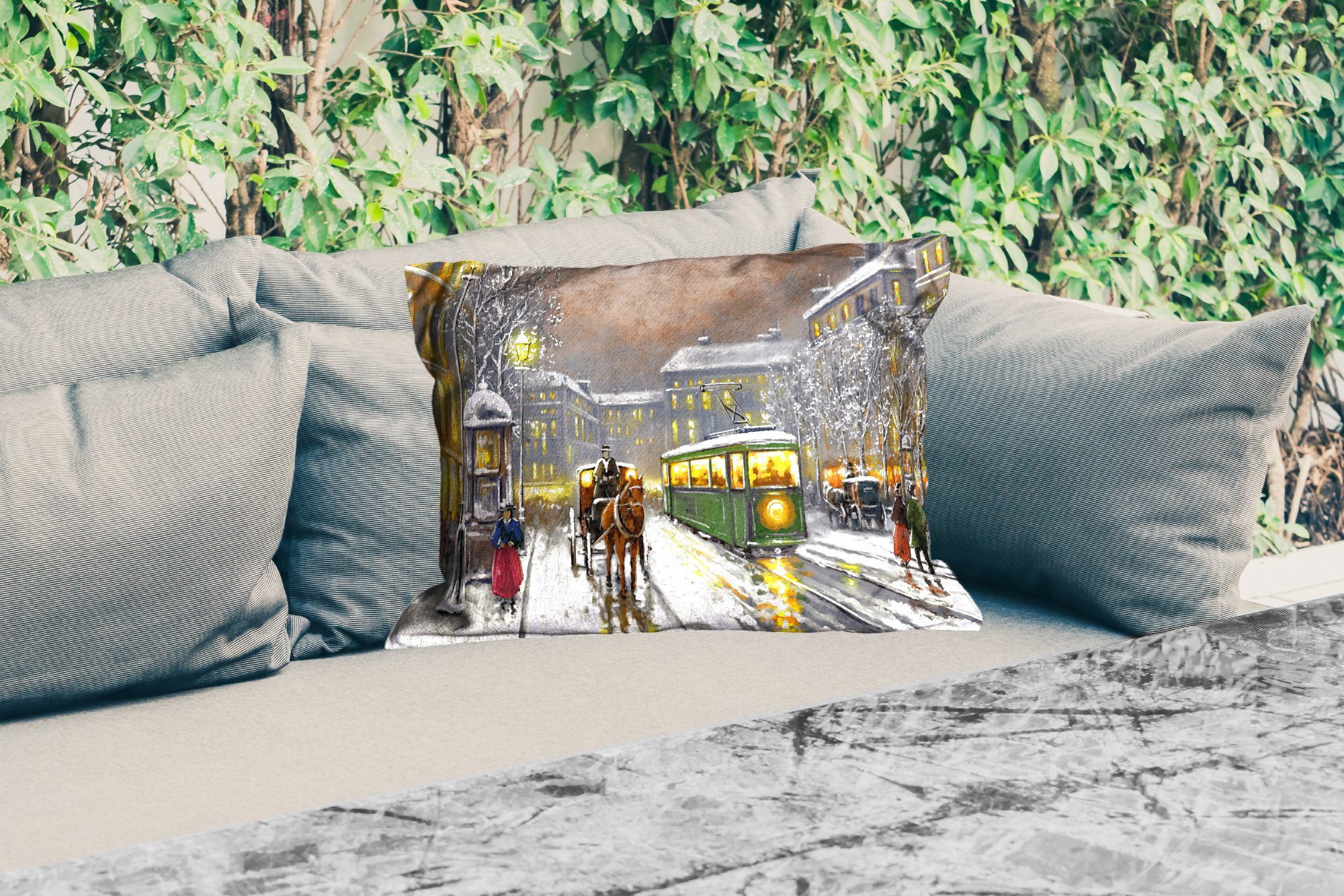 Straßenbahn Kissenhülle Gemälde Polyester, Outdoor-Dekorationskissen, - Dekokissenbezug, - MuchoWow - - Pferd, Winter Ölgemälde Dekokissen
