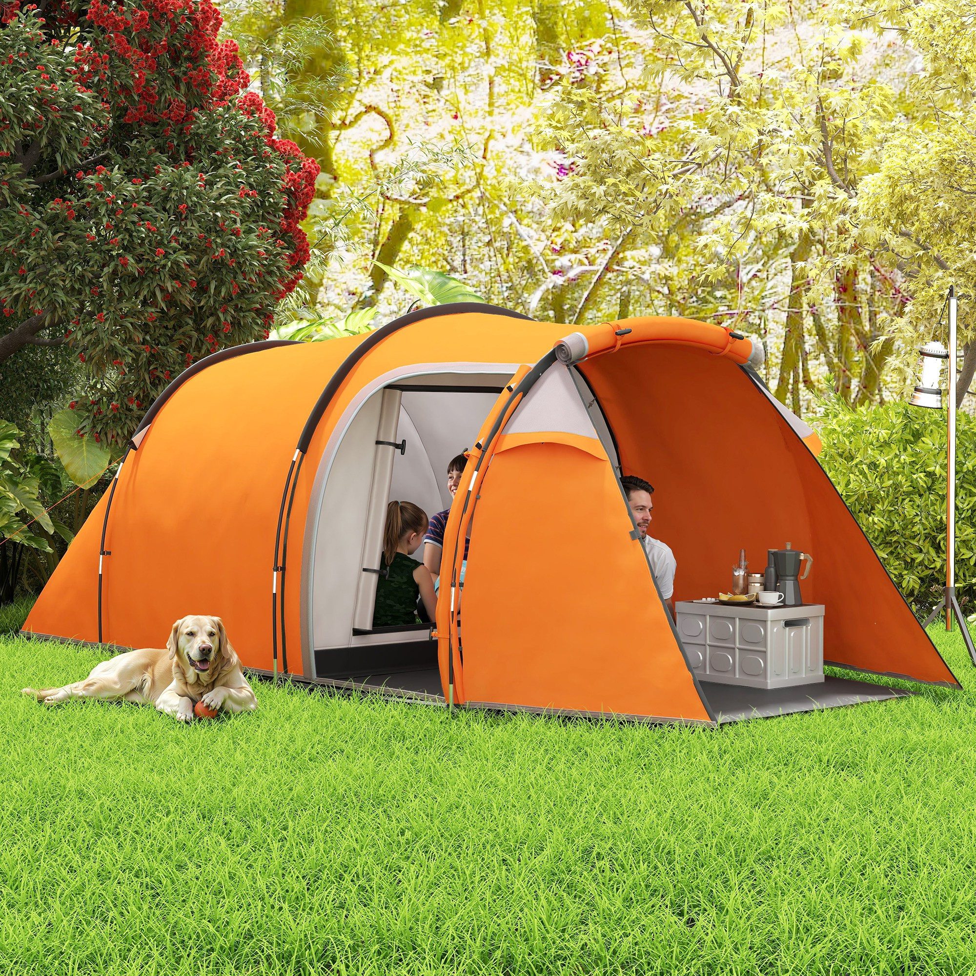 Outsunny Kuppelzelt mit Vorraum, Lampenhaken, 2000mm Wassersäule, Personen: 3 (Tunnelzelt, 1 tlg., Familienzelt), für Camping Reise Trekking Garten, Orange