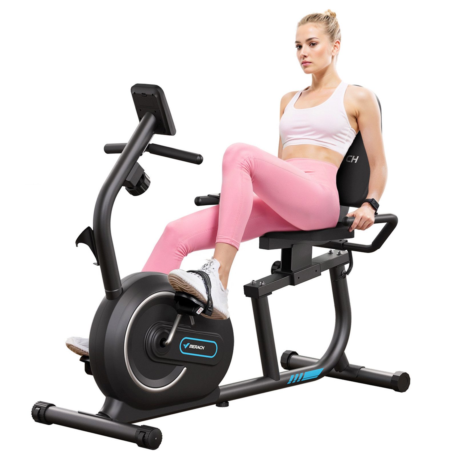 MERACH Liege-Heimtrainer für Zuhause mit 8 verstellbaren Widerstandsstufen (Leise Liegerad Heimtrainer mit Bluetooth, Exklusiver App, LCD-Display, Herzfrequenzsensoren, verstellbarer Rückenlehne und Tablet-Halterung), für Senioren max. Benutzergewicht 136