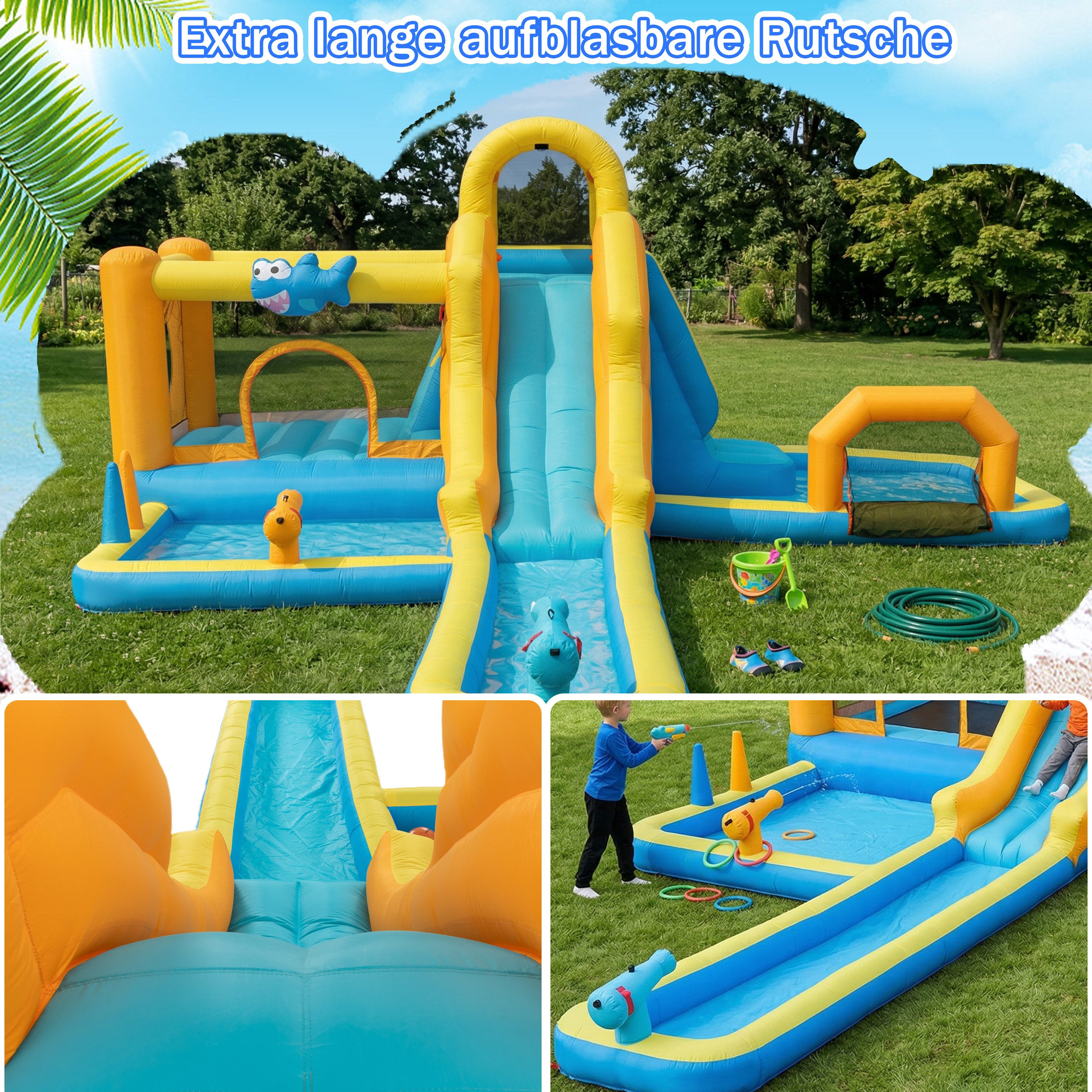 UEV Hüpfburg mit Gebläse Groß Aufblasbare Wasserpark Springburg 590x502x220cm, (XXL für Kinder von 3-10 Jahre, mit Kletterwand Sicherheitsnetz Kindergeburtstag), für Indoor und Outdoor lange Wasserrutsche Springen