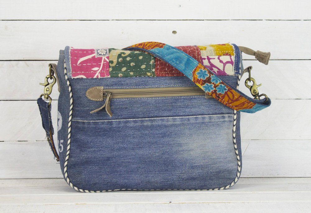 Tasche Sunsa Jeansstoff, recycelter & und Sari recycelter & verstell- Upcycling recycelter Jeansstoff Schultergurt, Umhängetasche Sari abnehmbarer Messenger