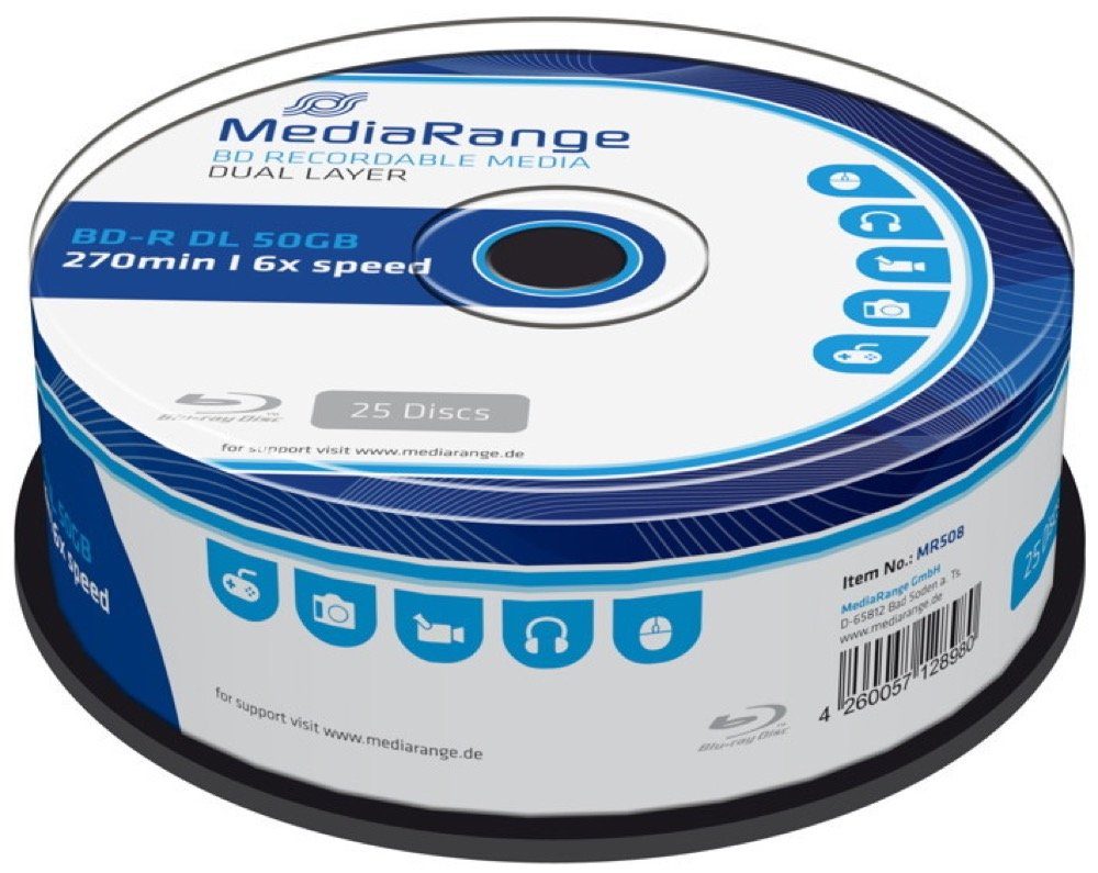 Mediarange Blu-ray-Rohling 25 Mediarange Rohlinge Blu-ray BD-R Dual Layer 50GB 6x Spindel