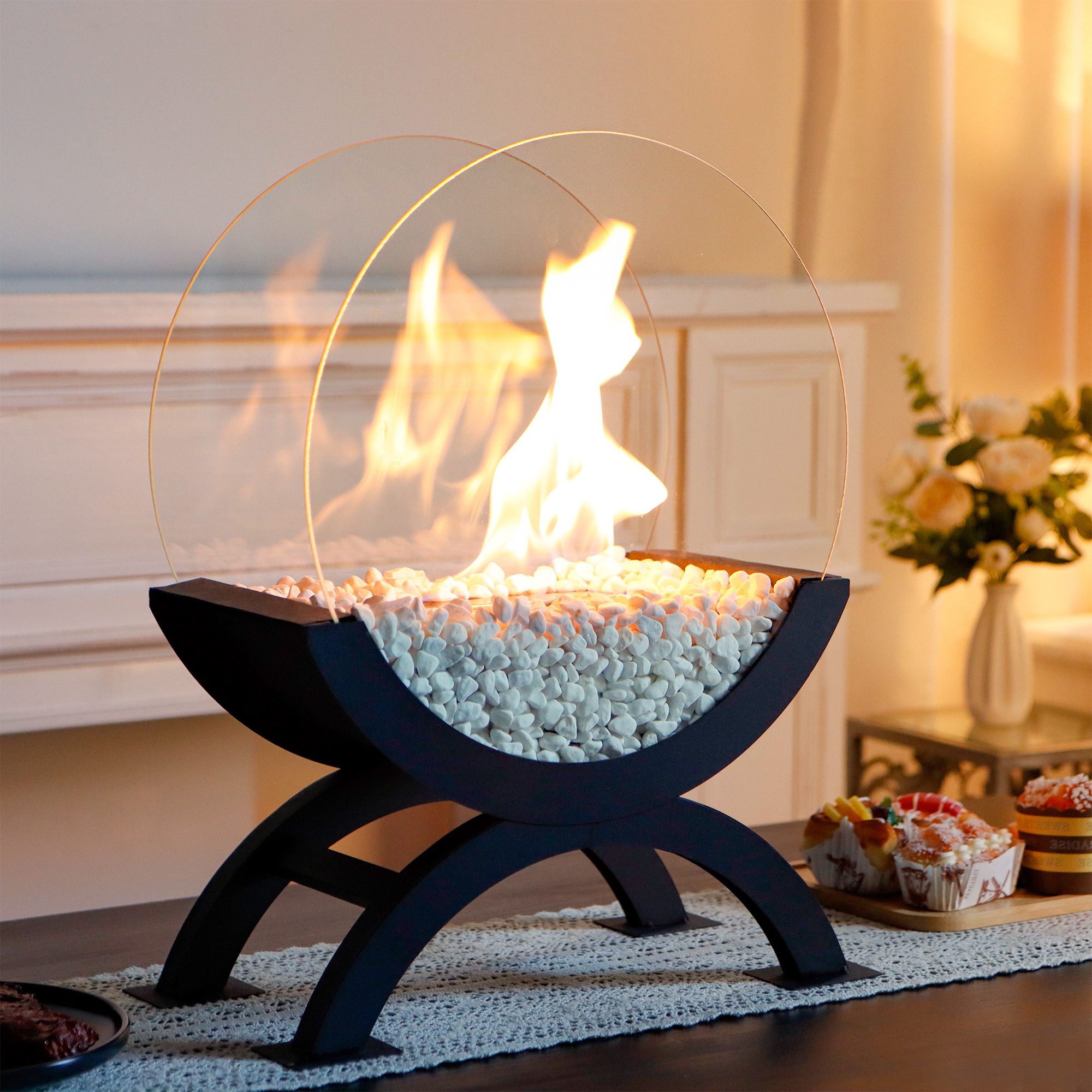 JHY DESIGN Feuerschale 48cm Hoch Tisch-Feuerschale Tisch-Kami Windlichter aus Metall und Glas, (1-St), für Innen und Außenbereich Schwarz – Bild 2 von 5