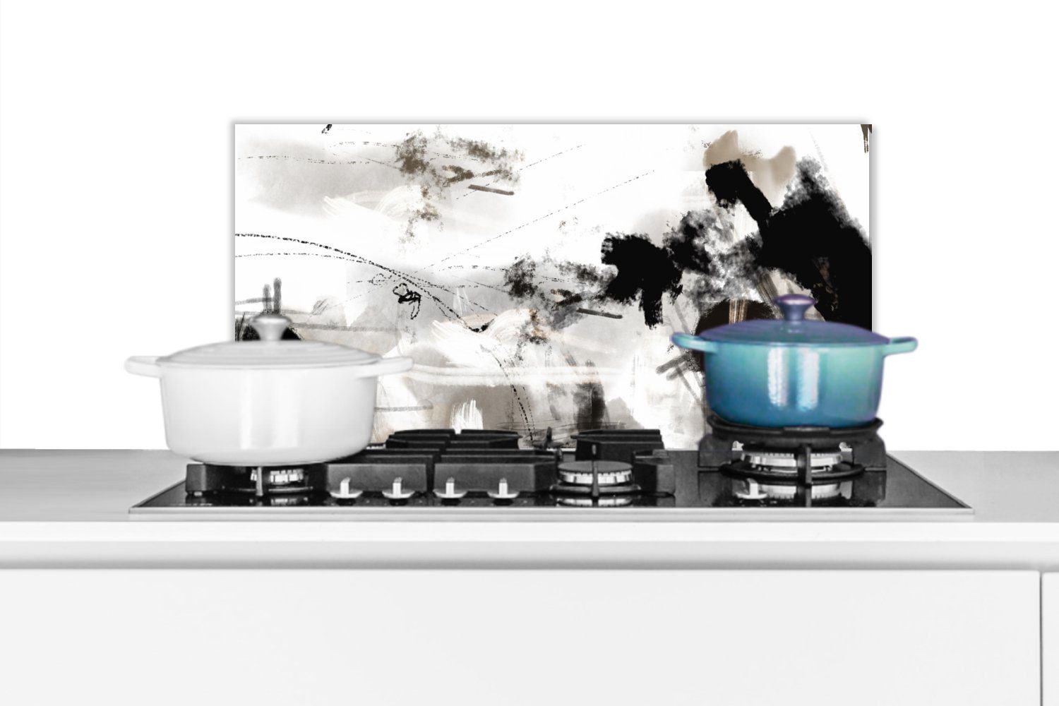 MuchoWow Küchenrückwand Malerei - Farbe - Schwarz und Weiß - Kunst, (1-tlg), 60x30 cm, Wandschutz, gegen Fett und Schmutzflecken für Küchen | Küchenrückwände