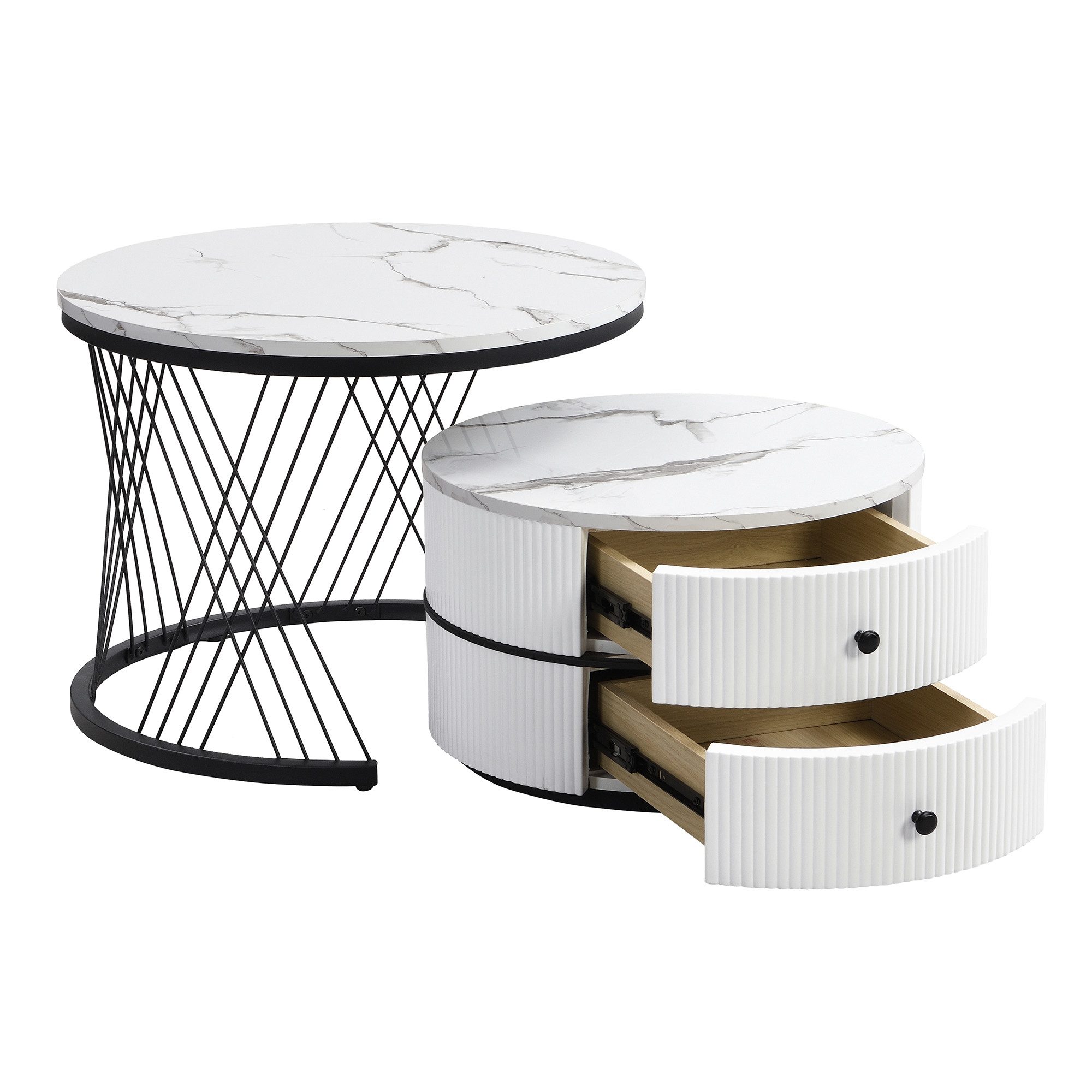 IDEASY Couchtisch Elegantes 2-teiliges, weißes in Nestform, 60*60*46cm & 50*50*30.8cm, (runde Tische mit hochglänzender Marmoroptik, 2 Schubladen), bis 30kg belastbar,Nesting-Kombination Couchtisch