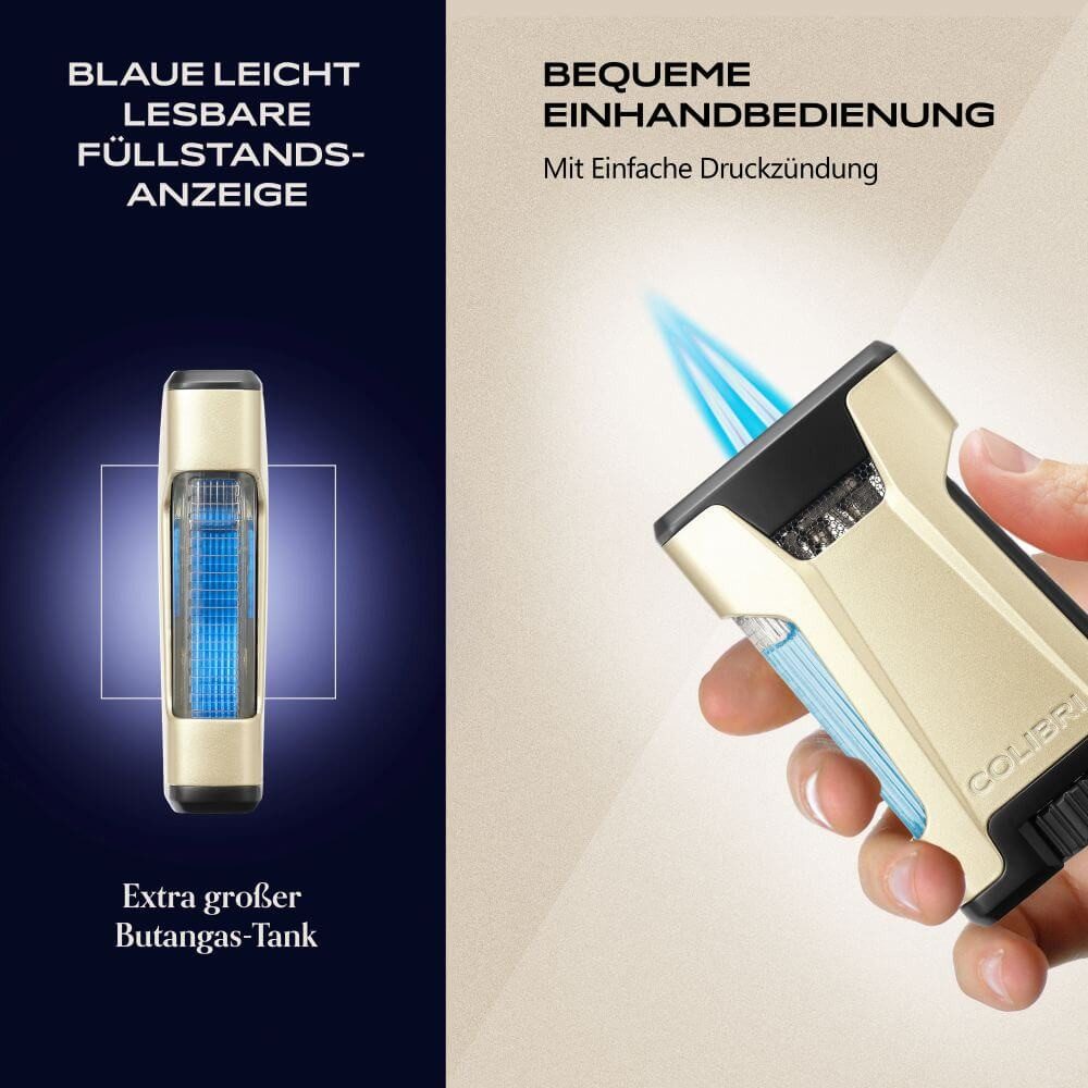 Colibri 1928 Feuerzeuge Rebel LI650T - Zigarrenfeuerzeug - Doppel Jet Flamme - großer Gastank, Füllstandsanzeige durch großes transparentes Sichtfenster