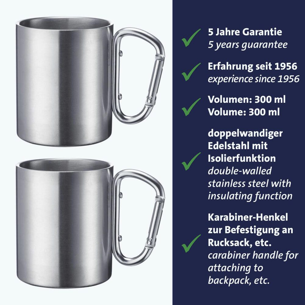WESTMARK Becher / 2 Edelstahl-Tassen mit Karabiner-Henkel für unterwegs, 300 ml, Rostfreier Edelstahl, Aluminium