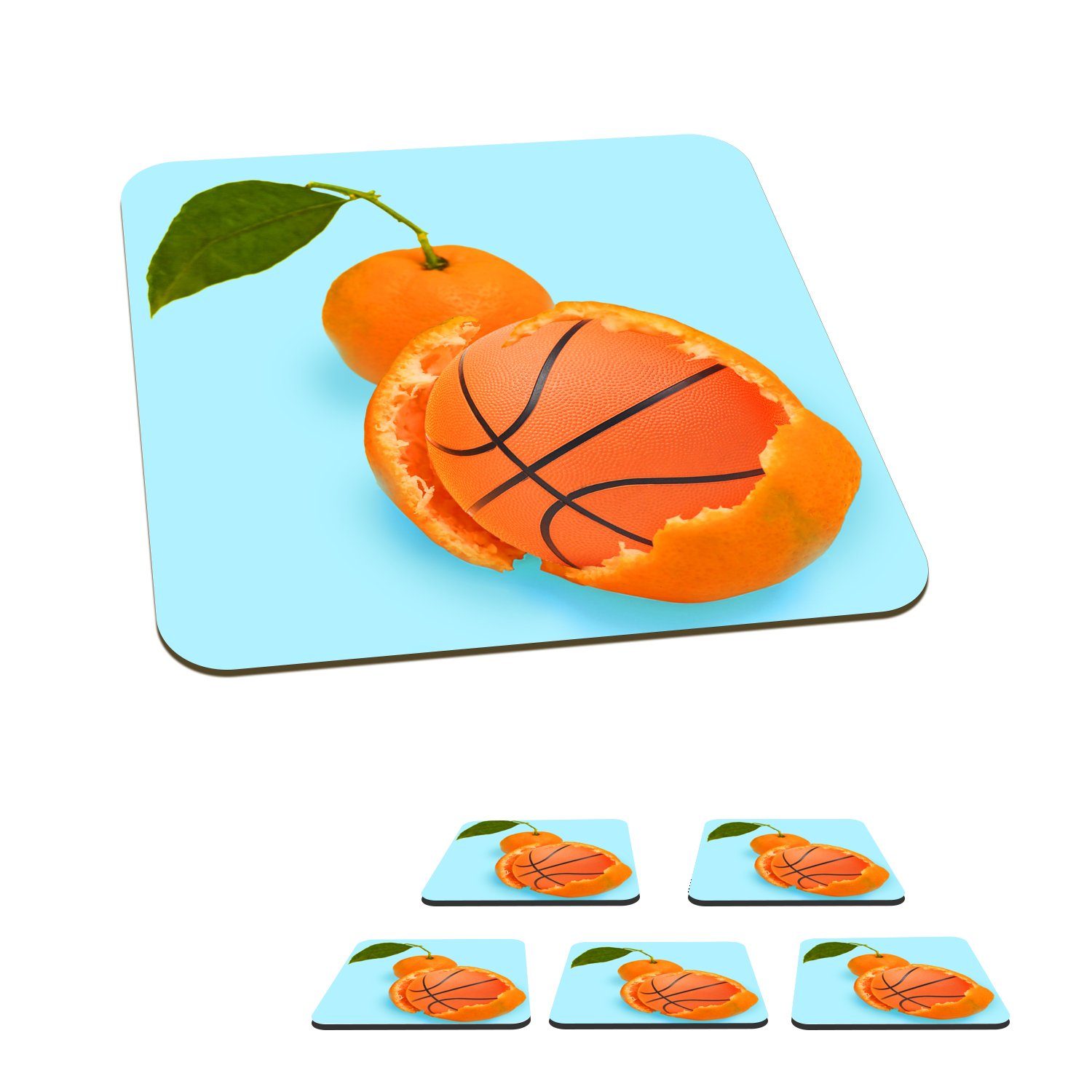 MuchoWow Glasuntersetzer Basketball - Orange - Obst - Orange - Blatt, Zubehör für Gläser, 6-tlg., Glasuntersetzer, Tischuntersetzer, Korkuntersetzer, Untersetzer, Tasse
