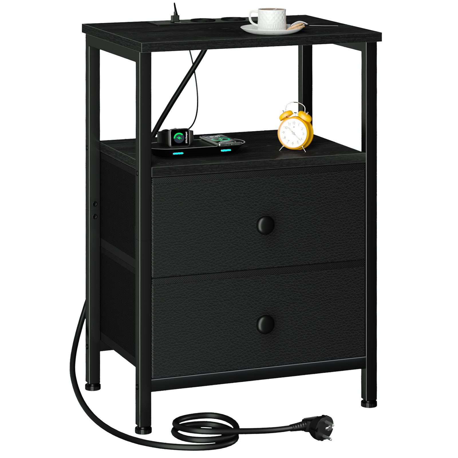 AMHANCIBLE Nachttisch mit Ladefunktion und zwei Schubladen, 2 USB-Anschlüsse, 40 x 30 x 60cm (1-St), ideal für Schlaf- und Wohnzimmer – Bild 3 von 5