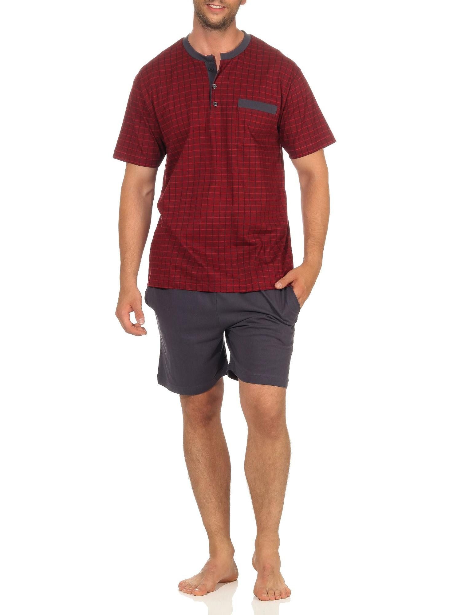 Pyjama Herren Shorty Schlafanzug kurzarm mit Hals-Knopfleiste in Karo Optik