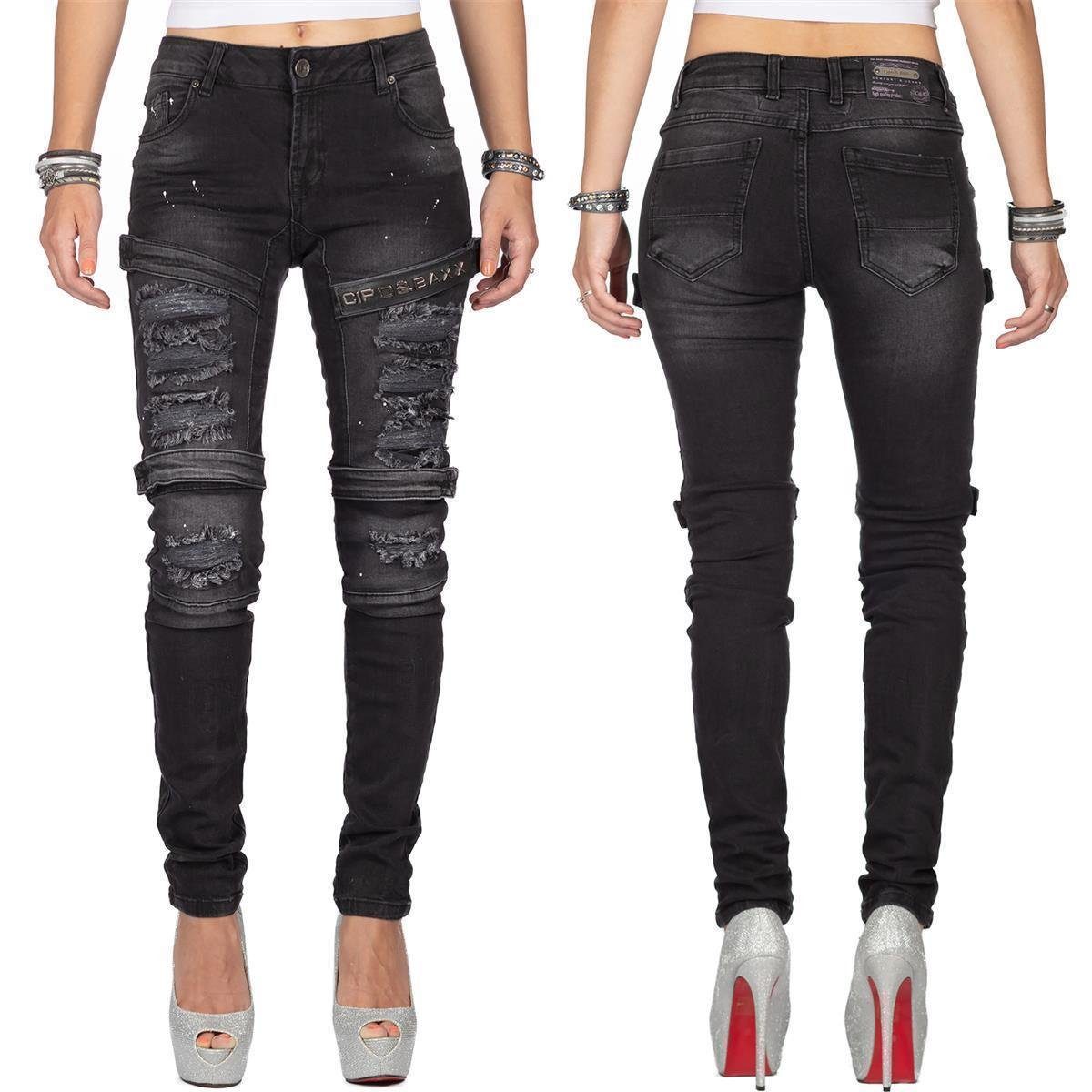 Cipo & Baxx Slim-fit-Jeans Biker Hose BA-WD383 mit Aufnähern und Klettschlüssen Destroyed