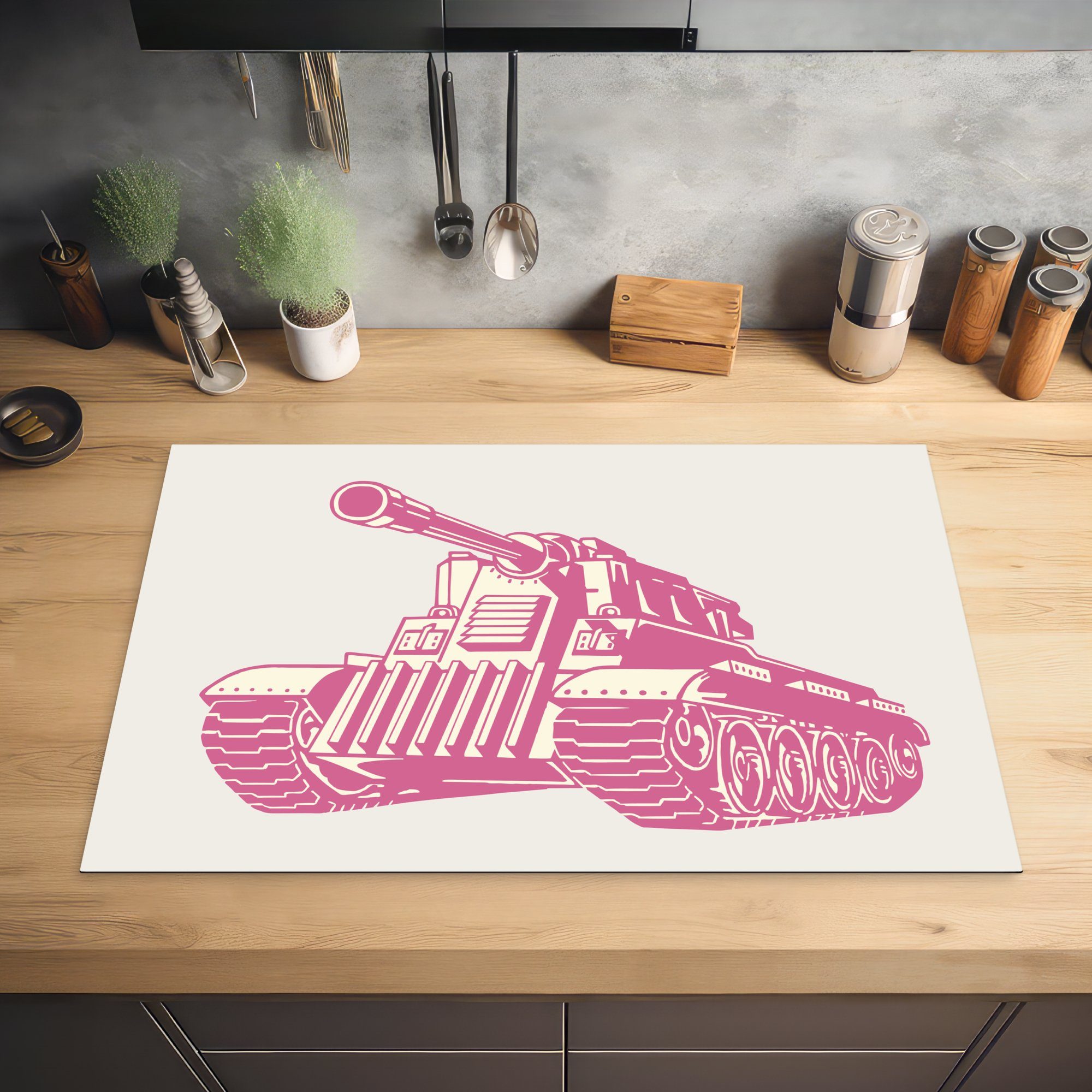 rosa die für Eine Herdblende-/Abdeckplatte Induktionskochfeld eines MuchoWow Panzers, küche, (1 cm, Ceranfeldabdeckung tlg), Vinyl, Illustration Schutz 81x52