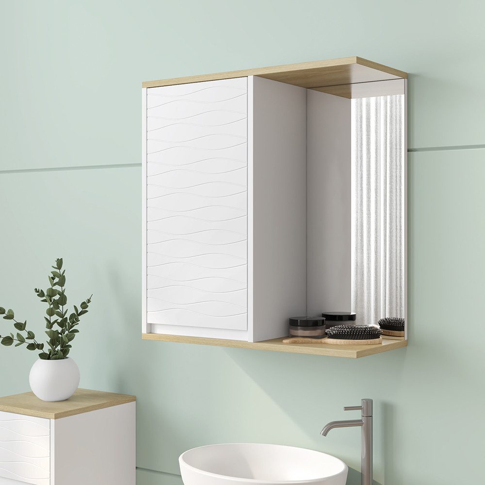 Vicco Badezimmerspiegelschrank Livia, Weiß/Holz, 60 x 63 cm mit Spiegel (1-St)