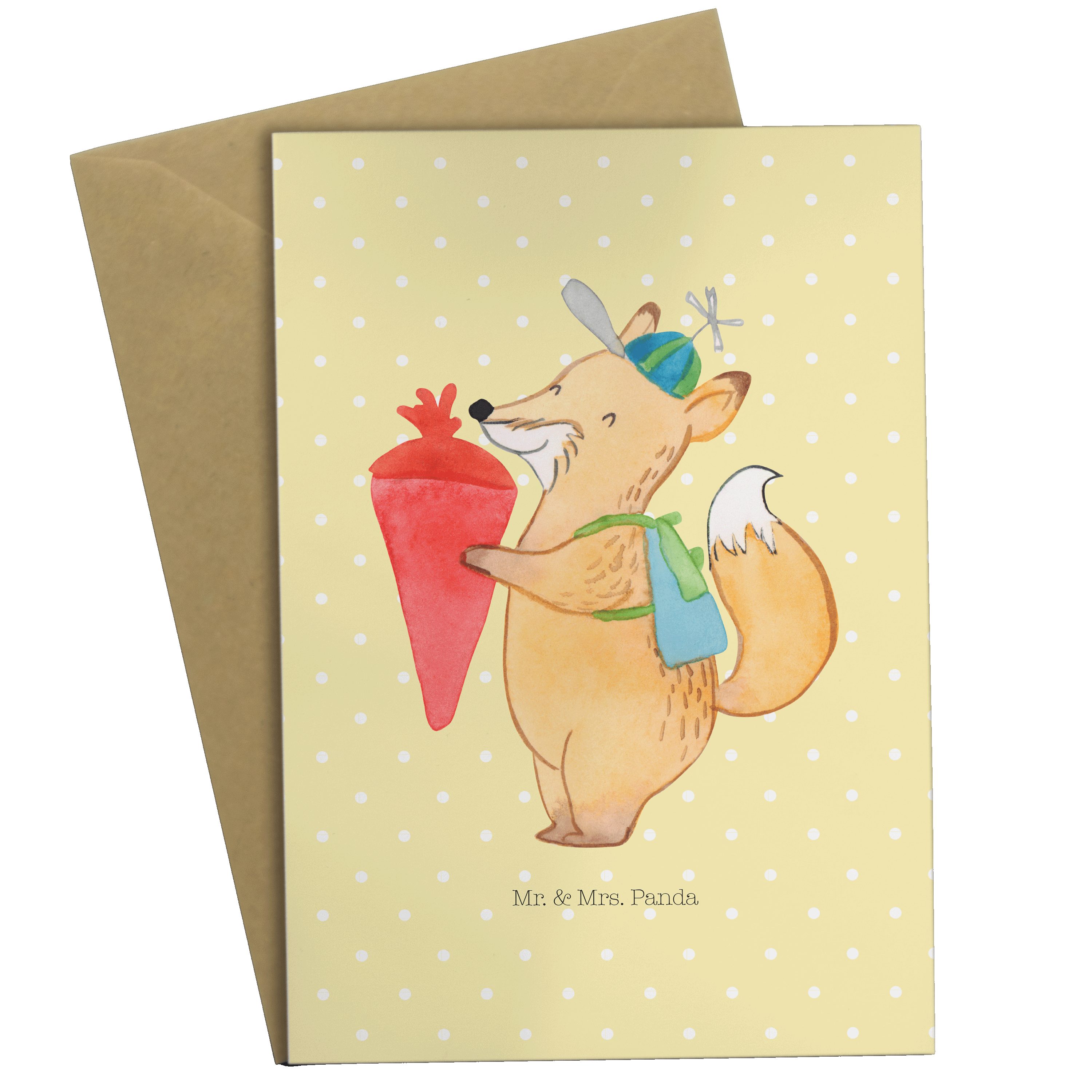Mr. & Mrs. Panda Grußkarte Fuchs Schulkind - Gelb Pastell - Geschenk, Glückwunschkarte, lustige