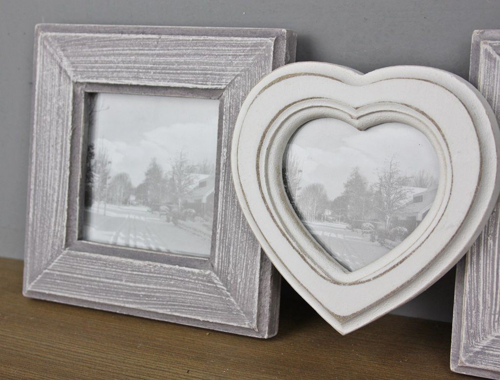 3er Bilder, für 30x16x3 3 weiß/grau Vintage 3er Hochzeitsrahmen: weiß Holz, HERZ grau Herz cm Bilderrahmen Bilderrahmen elbmöbel Rahmen
