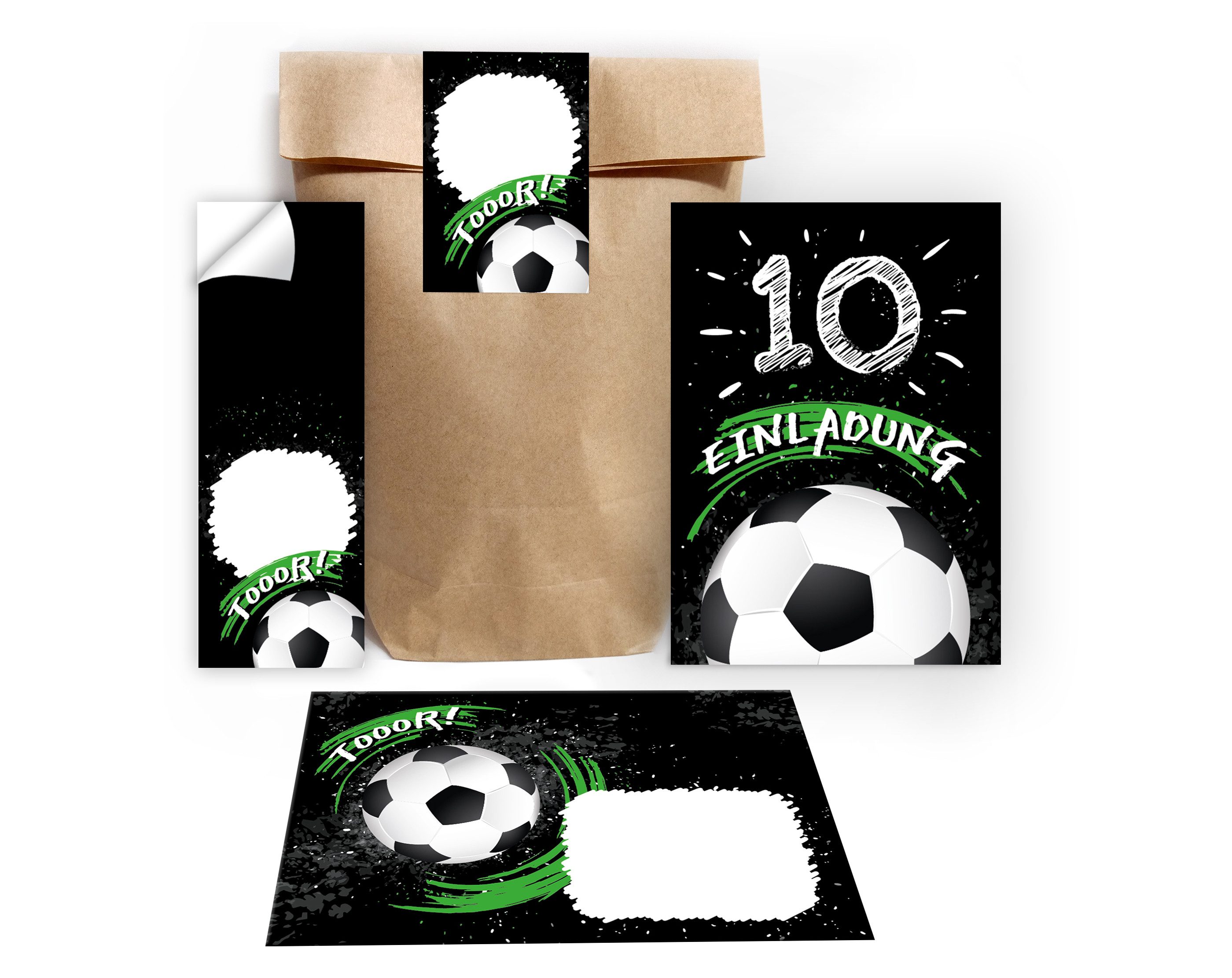 JUNAPACK Einladungskarten Fußball zum 10. Geburtstag Einladungen Karten mit Umschlägen Mitgebsel, Mitbringsel Set Fussball zum zehnten Kindergeburtstag Gastgeschenke
