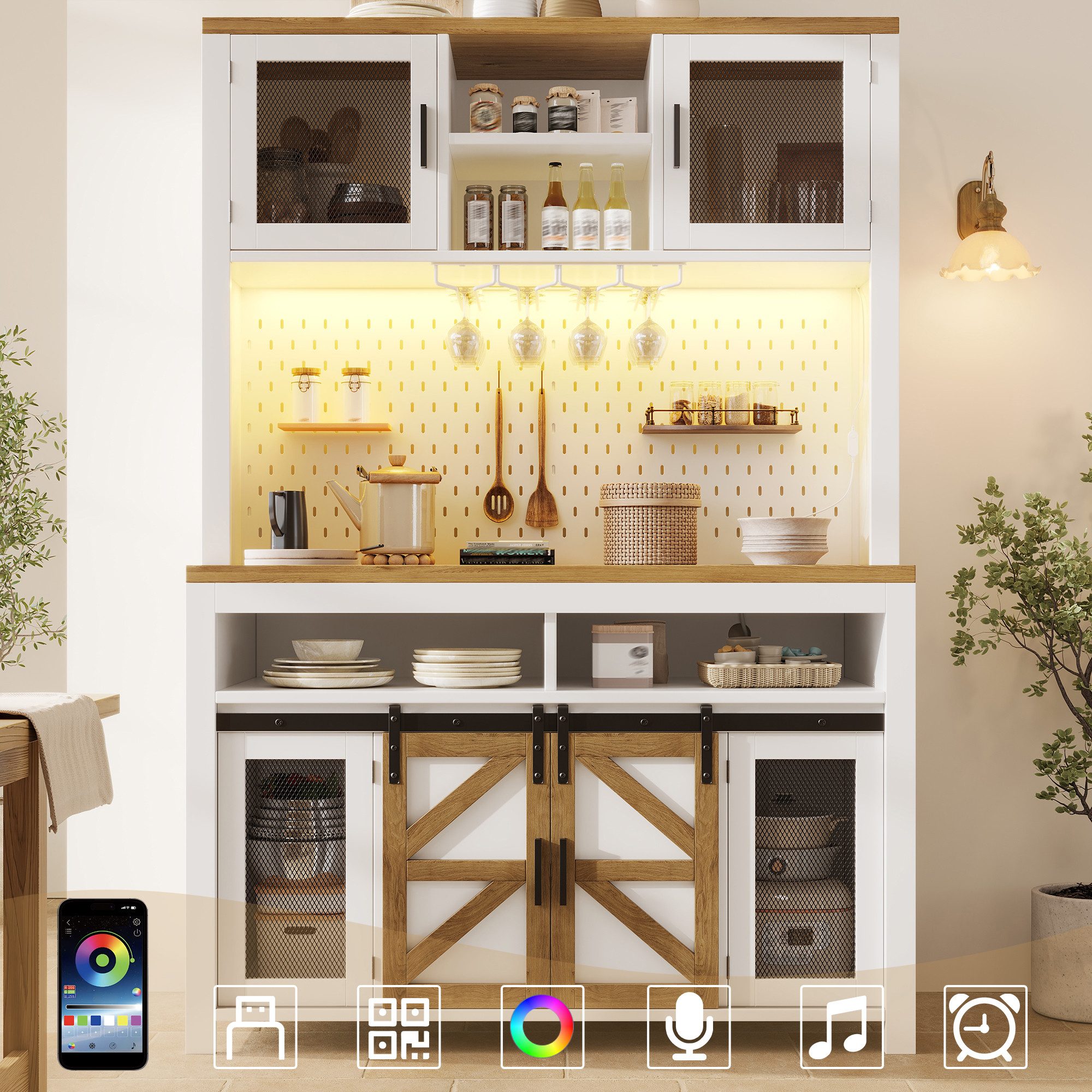 TavilaEcon Küchenbuffet Küchenschränke, Hochschrank mit USB-Anschluss & LED-Beleuchtung (1-St) mit großzügiger Arbeitsfläche für Küche, Esszimmer