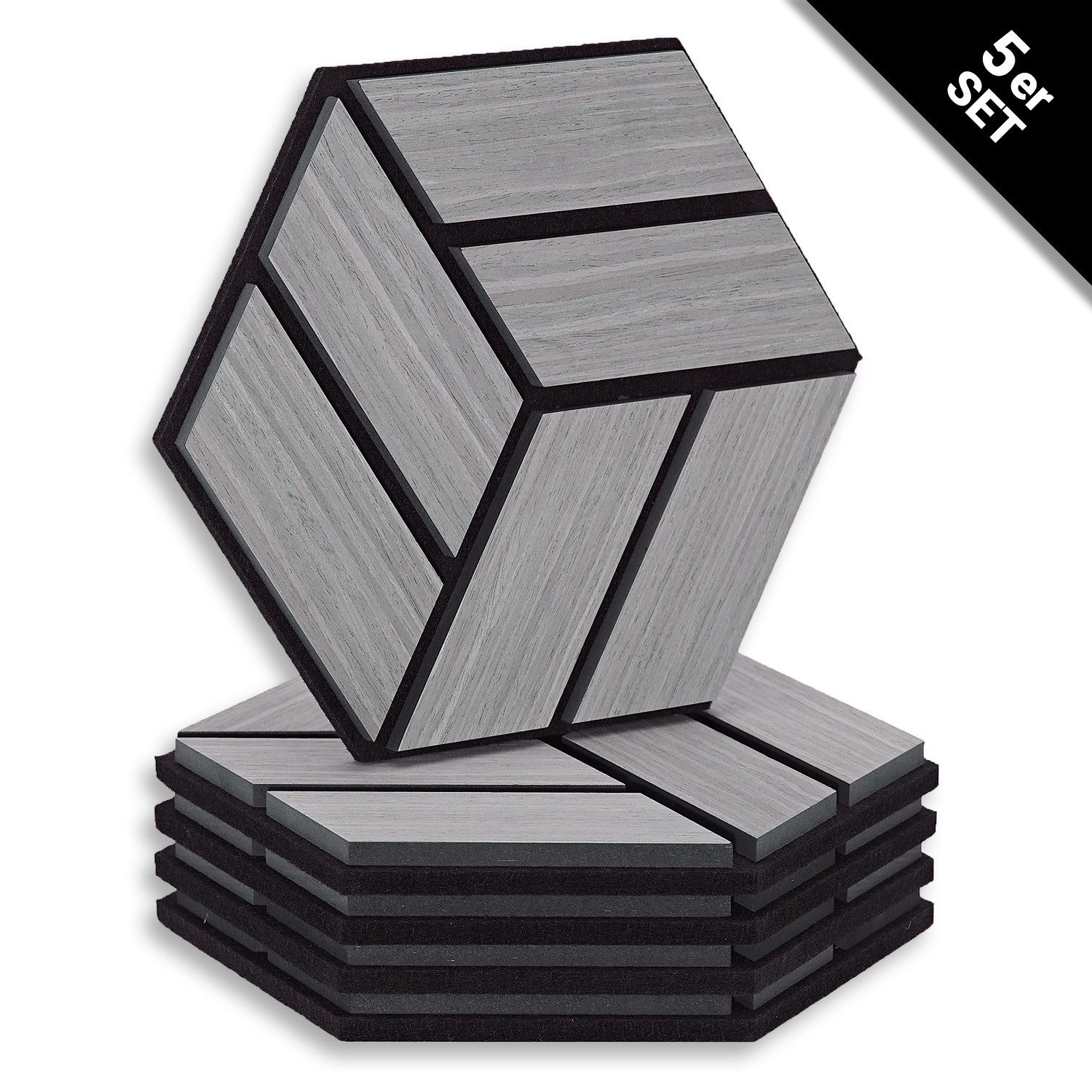 Homestyle4u Wandpaneel je 30x26 Hexagon Akustikpaneele Holz Schallschutz Filz Wand modern, (Set, 5er Set Akustikpaneele, 5-tlg) 3D Akustik Paneel Wandpaneel in Grau zum Kleben oder Bohren