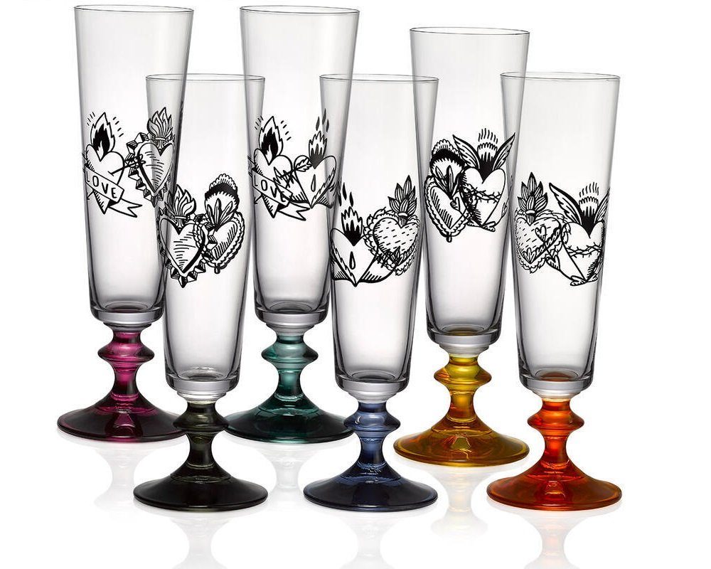 Crystalex Sektglas Sektgläser Bella Hard Heart Herz Tattoo Kristallglas 205 ml 6er Set, Kristallglas, mehrfarbiger, Kristallglas, Bohemia