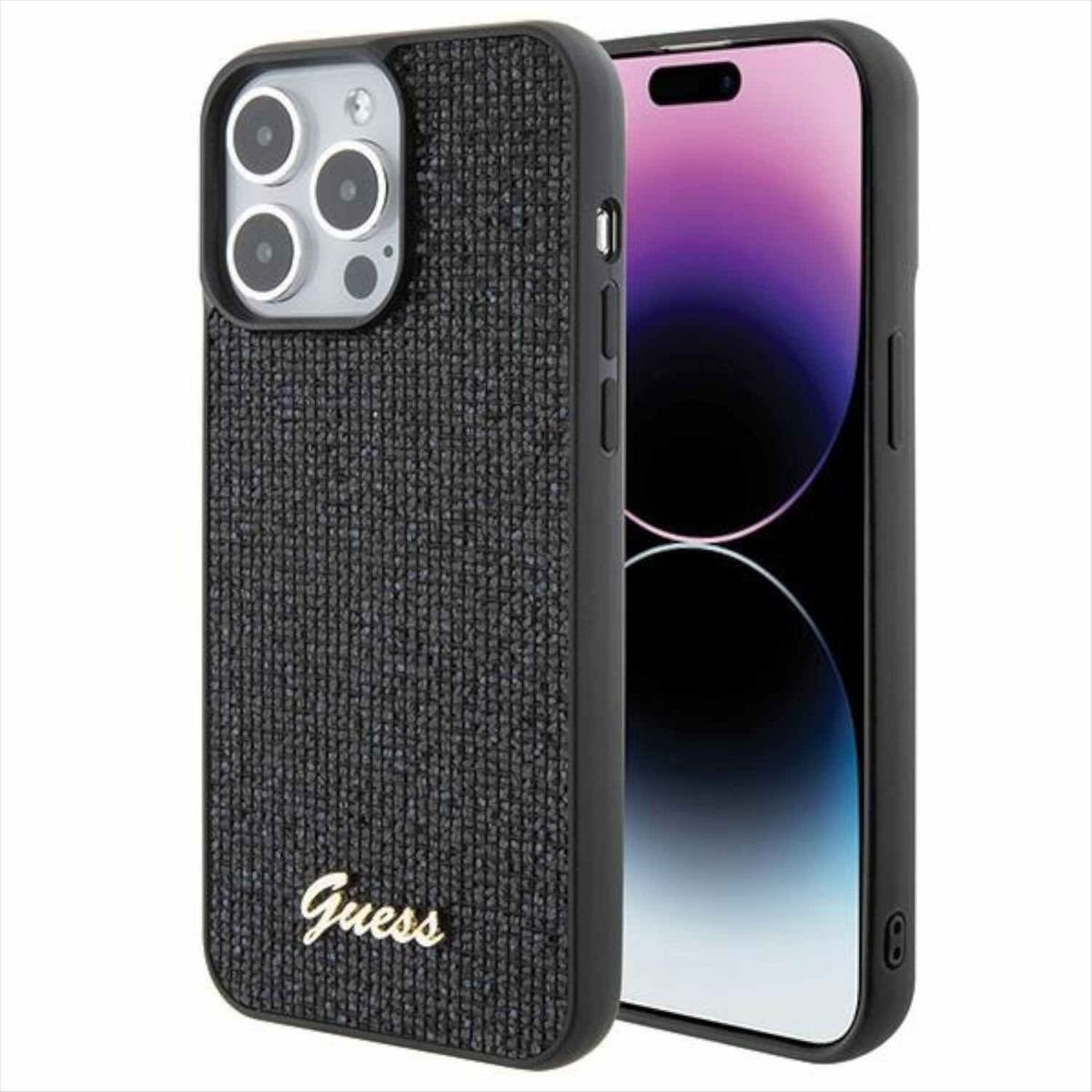 Guess Smartphone-Hülle Guess Apple iPhone 15 Pro Max Schutzhülle Disco Metal Script Schwarz