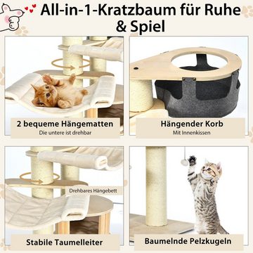 COSTWAY Kratzbaum 197cm Katzenbaum, 7-stöckig, mit Hängematte & Katzenhöhle & Bällen