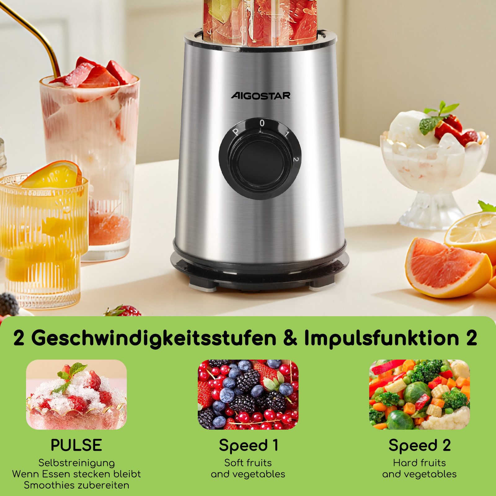 Aigostar Smoothie-Maker Mini Standmixer, 600W, Ice-Crush-Funktion, 2 x 800ml Becher, BPA-frei, 600 W, 2 Geschwindigkeitsstufen + Impulsfunktion, Tritan-Kunststoff Flasche