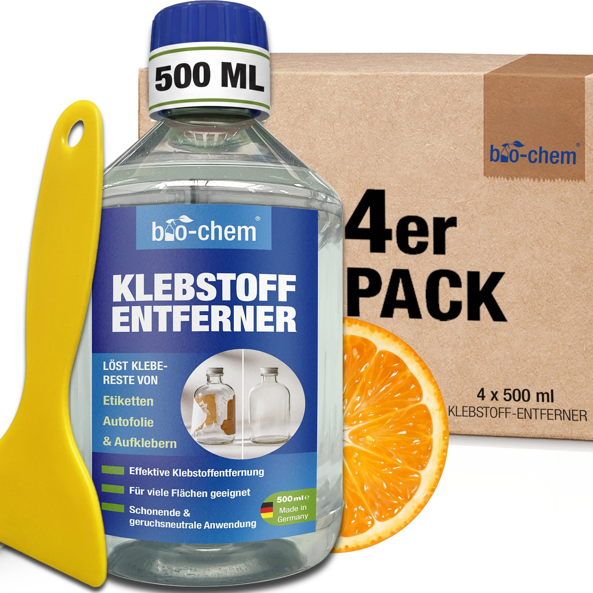 bio-chem Klebstoffentferner Etikettenlöser - Entfernt Klebereste - 4x 500 ML Allzweckreiniger (Sparpaket, [- Klebstoffentferner 4x 0.5 l + Handschaber gelb Mit Schaber für mühelose Etikettenentfernung)
