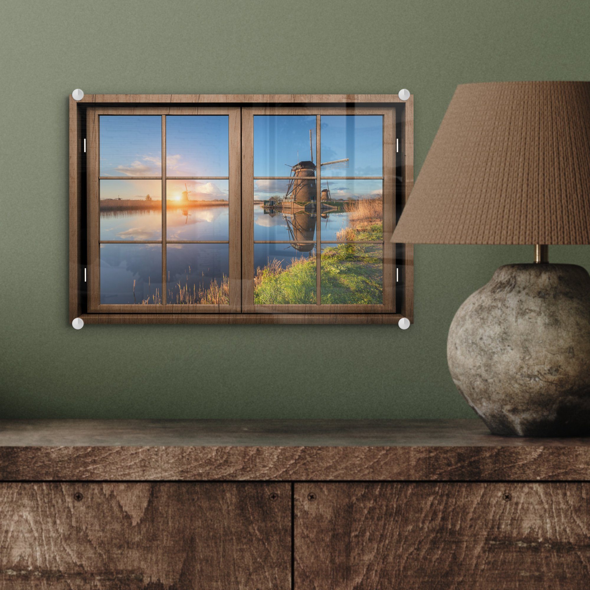 Bilder Foto Glas St), Aussicht Glasbilder auf Acrylglasbild - - Wanddekoration MuchoWow - - Sonnenuntergang, Wandbild Glas - Mühle auf (1