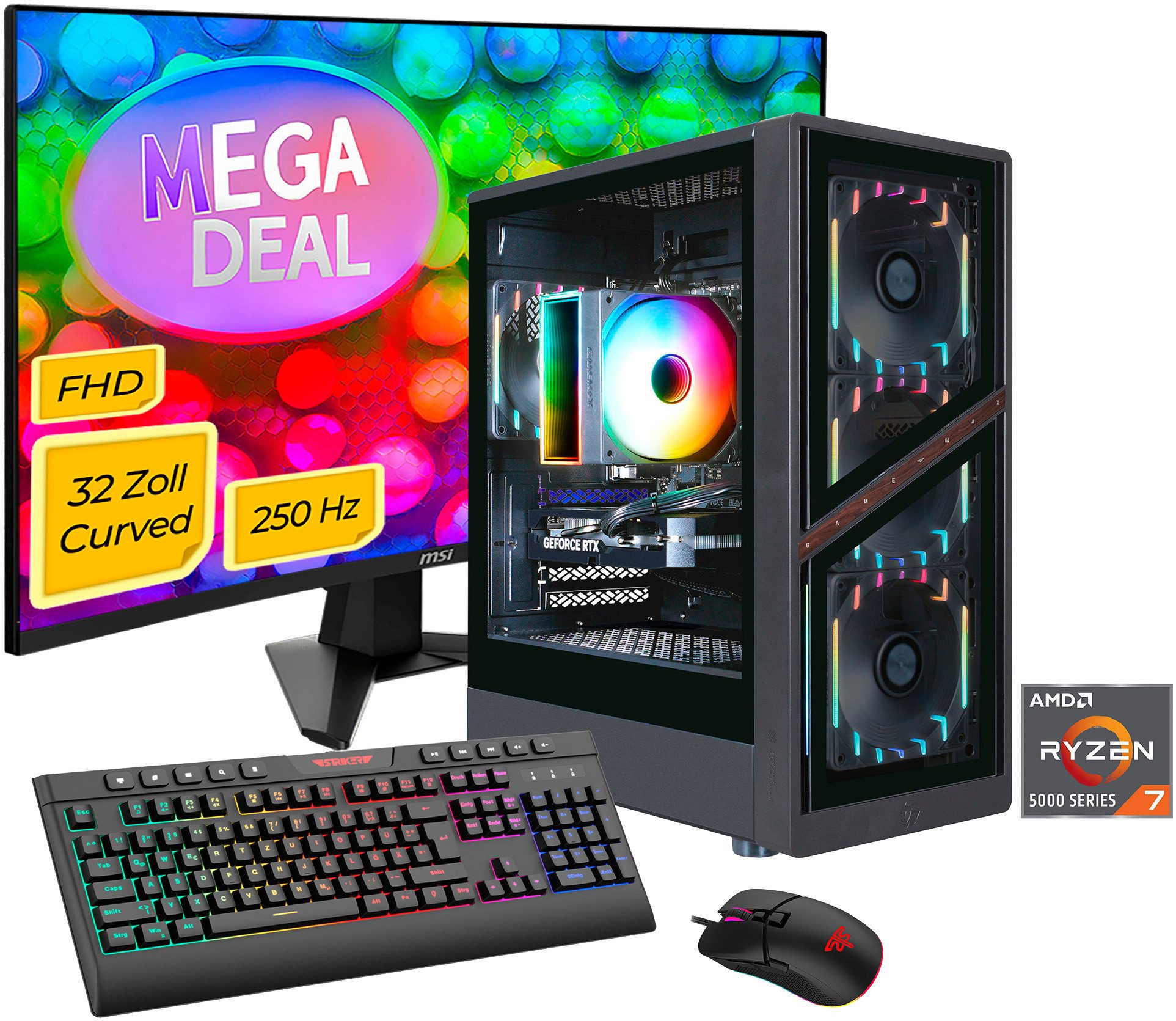 GAMEMAX MegaDeal AERIS GB 2875 AMD Ryzen 7 5700X 32GB 1TB SSD RTX 5060 Gaming-PC-Komplettsystem (32", AMD Ryzen 7 5700X, RTX 5060, 32 GB RAM, 1000 GB SSD, Windows 11 + MSI MAG 32C6X Curved Monitor 80cm (32)