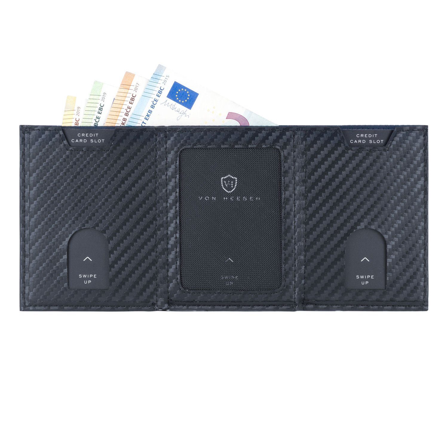 VON HEESEN Geldbörse Whizz Wallet inkl. Mini-Münzfach, mit Carbon-Schwarz Wallet Kartenfächer Slim Geschenkbox Portemonnaie Geldbeutel & & RFID-Schutz 5