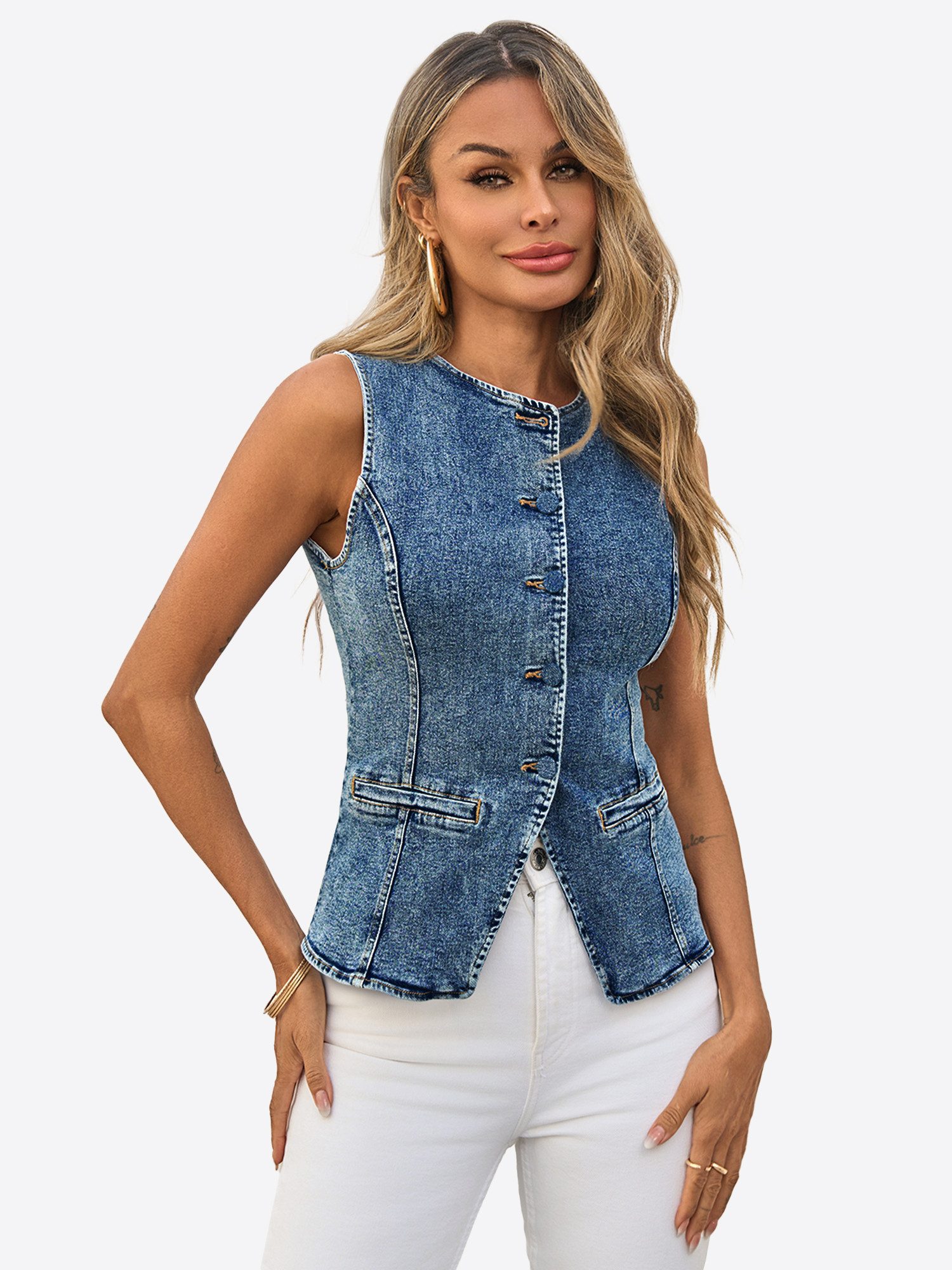 Imily Bela Jeansweste Damen Denim mit Rundhalsausschnitt und Knopfleiste Sl günstig online kaufen