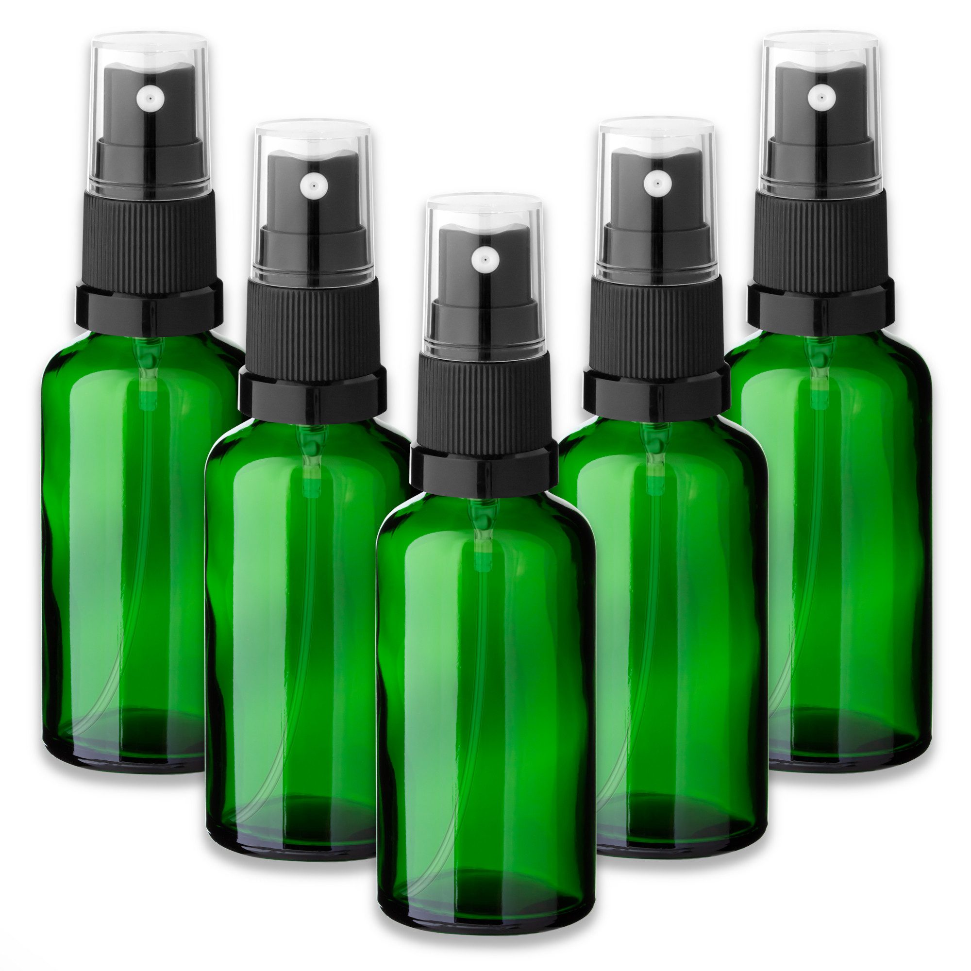 Zerstäuberflasche 5x Grüne Glasflasche 50 ml mit schwarzem Zerstäuber Sprühkopf Spray