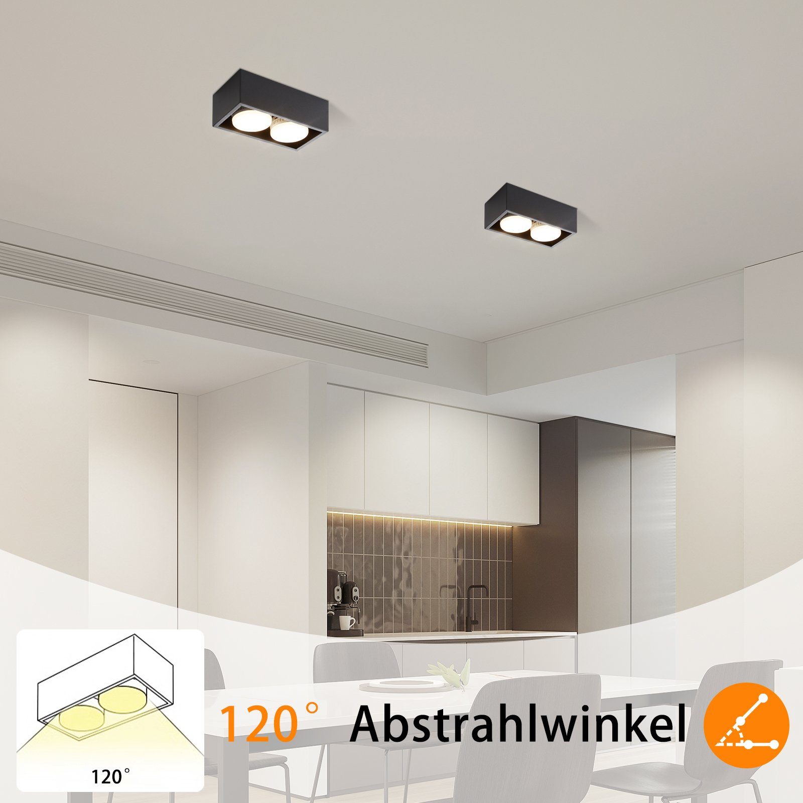 Wohnzimmer, LED Aufputz Schwarz LED 3000k, Küche integriert, Weiß - Deckenspots für GX53, Aufbauleuchte Warmweiß LED fest 2 Deckenstrahler Flammig mit Aufbaustrahler ZMH