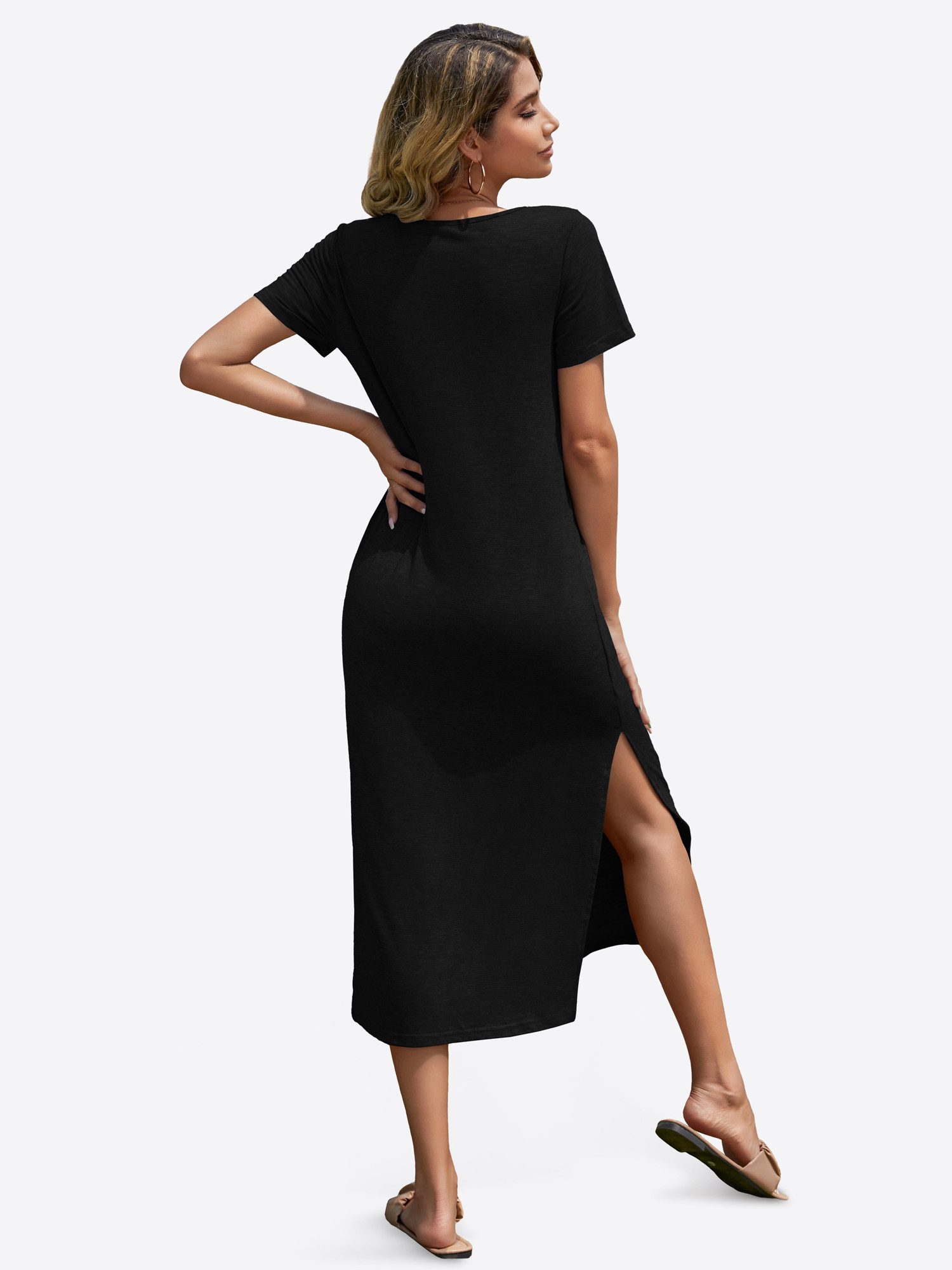 Imily Bela Maxikleid Damen Shirtkleid ärmellos V-Ausschnitt Loose Sommer (Packung, 1-tlg., 1per-Pack) mit Brusttasche und Seitenschlitzen