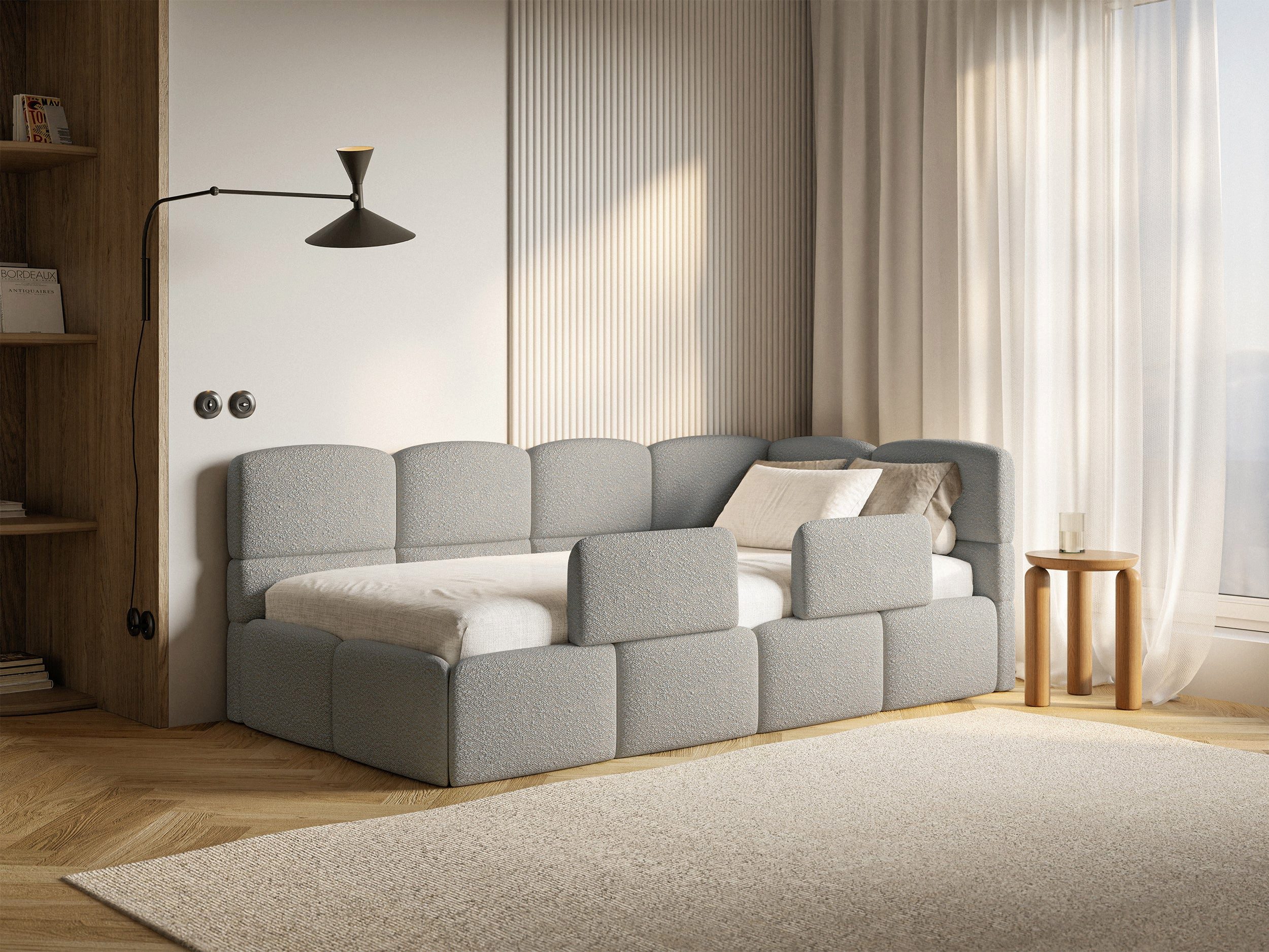Selsey Kinderbett CLOUDY, Matratze, Stauraum, Eckkopfteil und Lattenrost, Bouclé, 120x200 cm