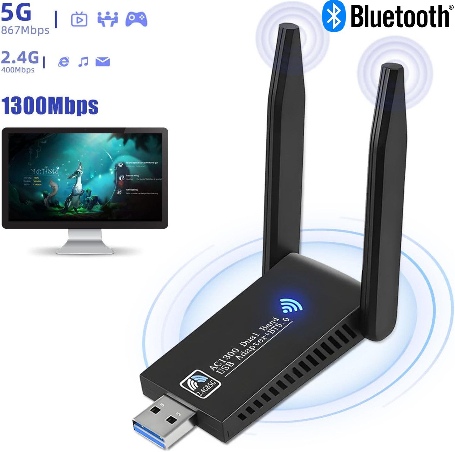 WLAN-Stick 1300Mbps USB WiFi AC Dongle Wireless Adapter Dual Band Bluetooth