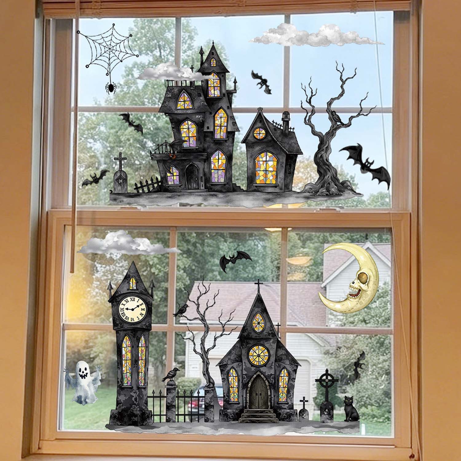 Sorvyzxn Fensterbild 2 Stück Halloween Town mit Geisterhäusern & Geistermond Muster – Bild 4 von 5