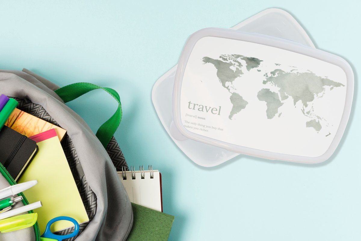 MuchoWow (2-tlg), Brotdose, Brotbox Kunststoff, weiß Kinder und für Weltkarte Lunchbox Erwachsene, und Mädchen Zitat - Jungs - für Reisen,
