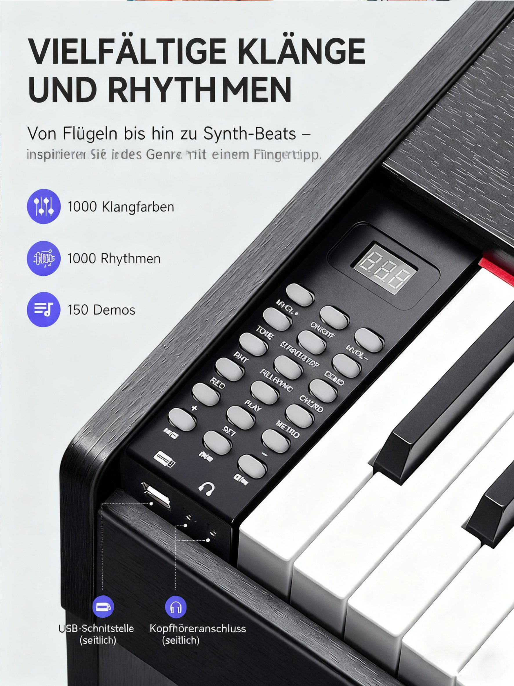 Donner Digitalpiano 88 Tasten gewichtete Tastatur 1000 Klangfarben Bluetooth DDP-50 LITE (Set, mit Notenständer, Dreifachpedal, Netzteil), Metronom, Aufnahme, Transponieren, Drahtloses /MIDI