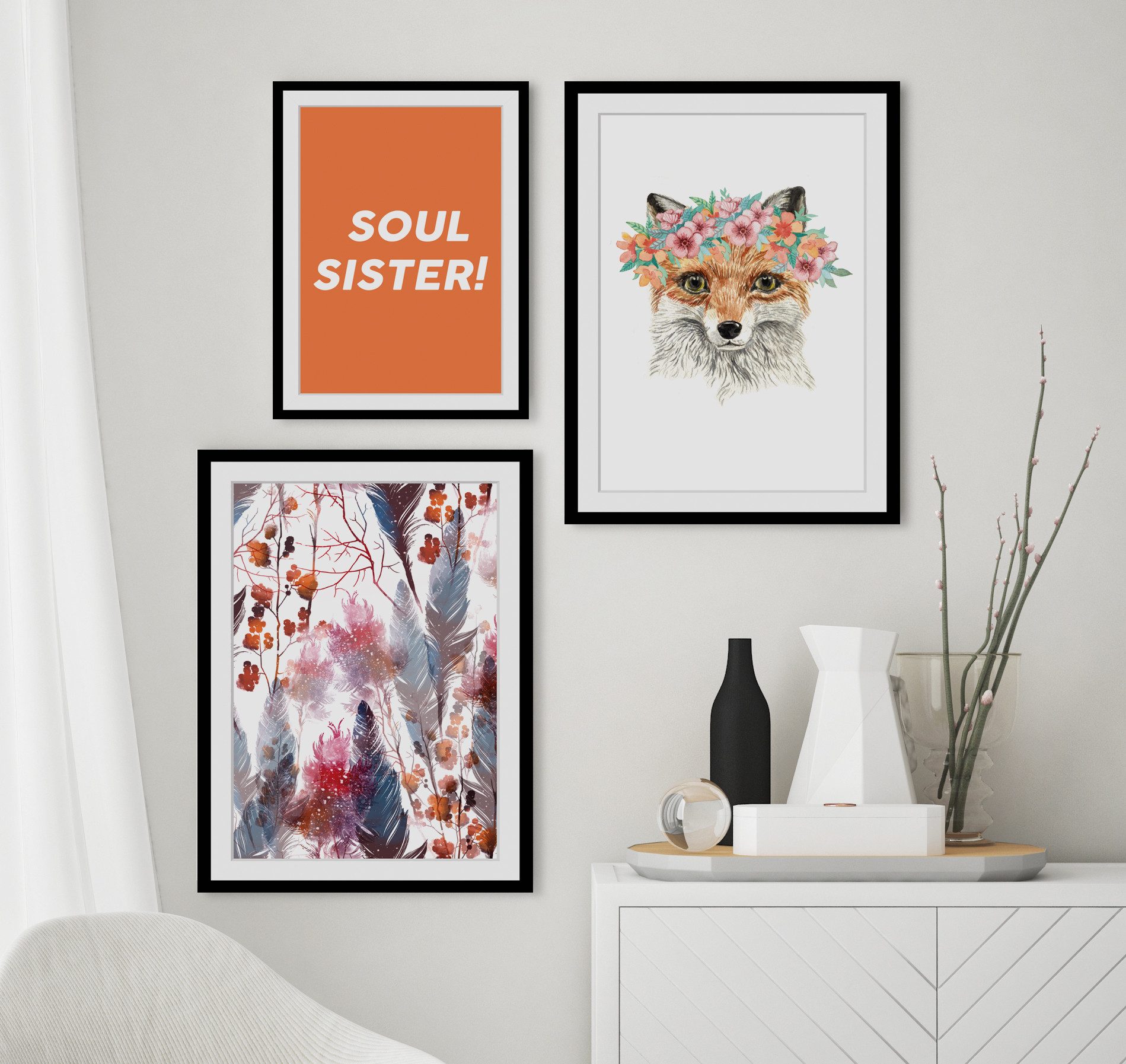 queence Bild Ida, Blumen, Blumenbilder, Federn, Kunst, Pflanzen, Pflanzenbilder, HD Premium Poster-Druck inkl. Holzrahmen