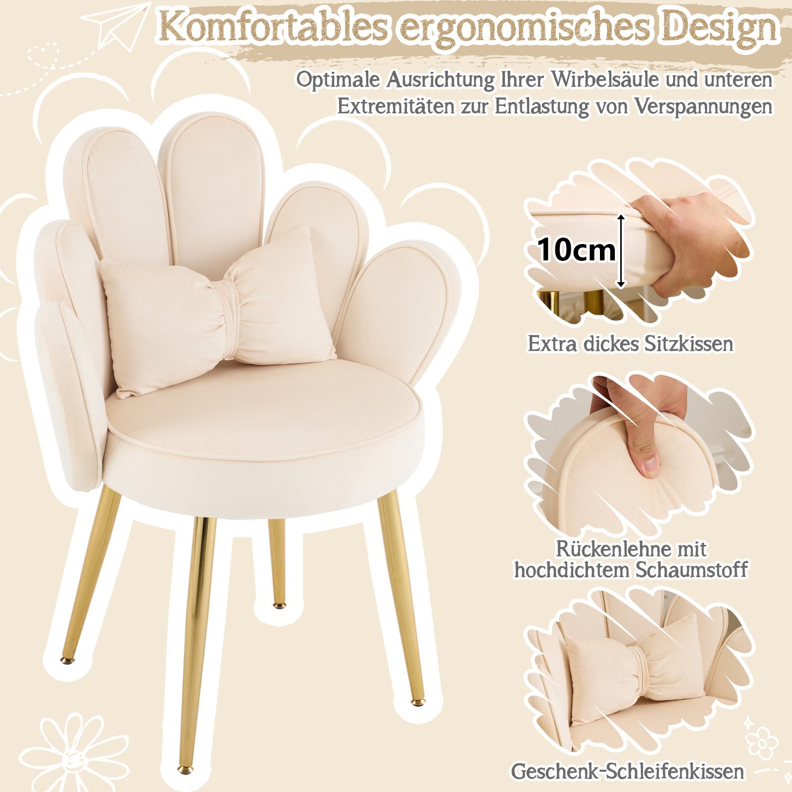 VINGLI Polsterstuhl mit Schleife Zierkissen, Schminktisch Stuhl, Monderne Esszimmerstuhl – Bild 3 von 5