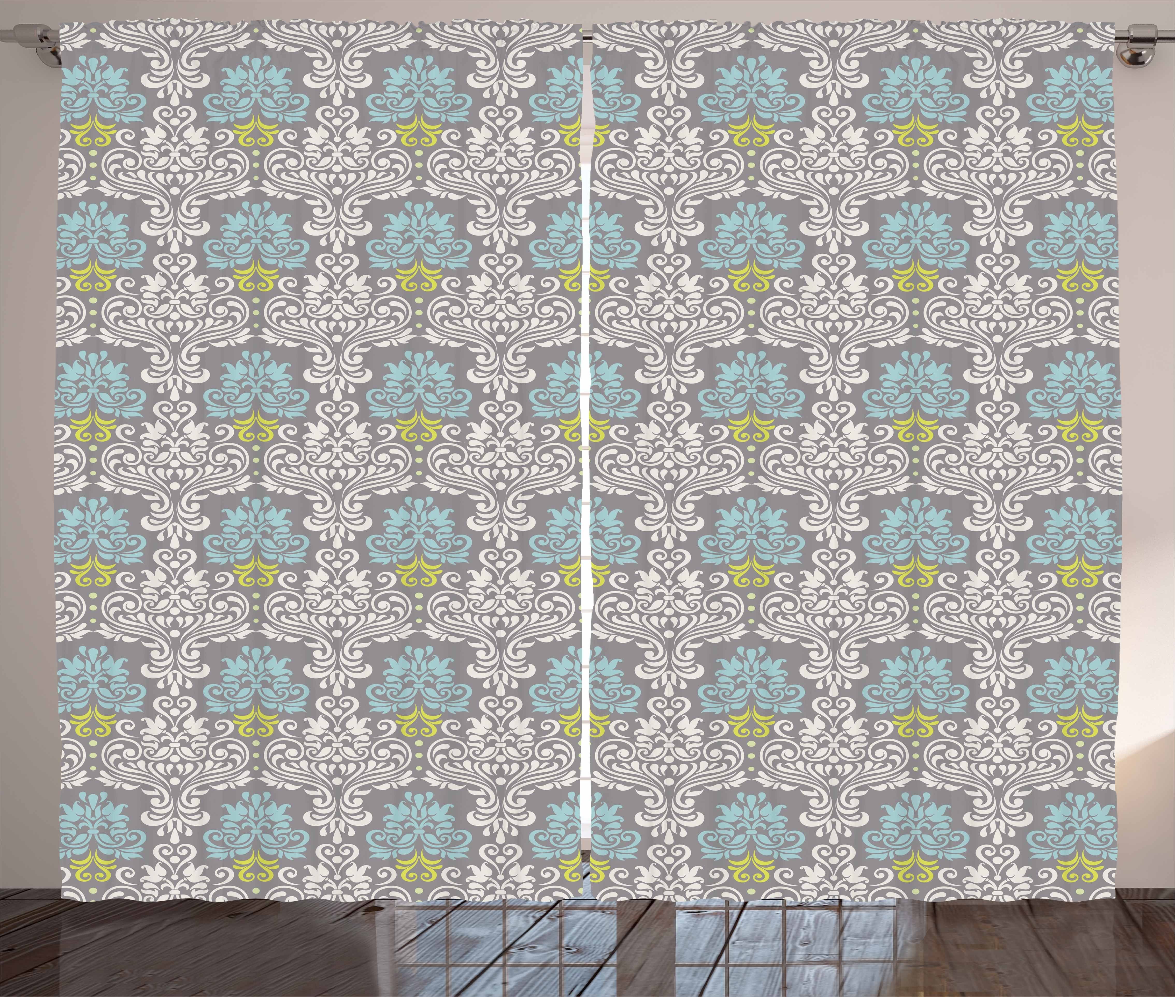 Gardine Schlafzimmer Kräuselband Vorhang mit Schlaufen und Haken, Abakuhaus, Grau Blau Bunte Damast-Muster