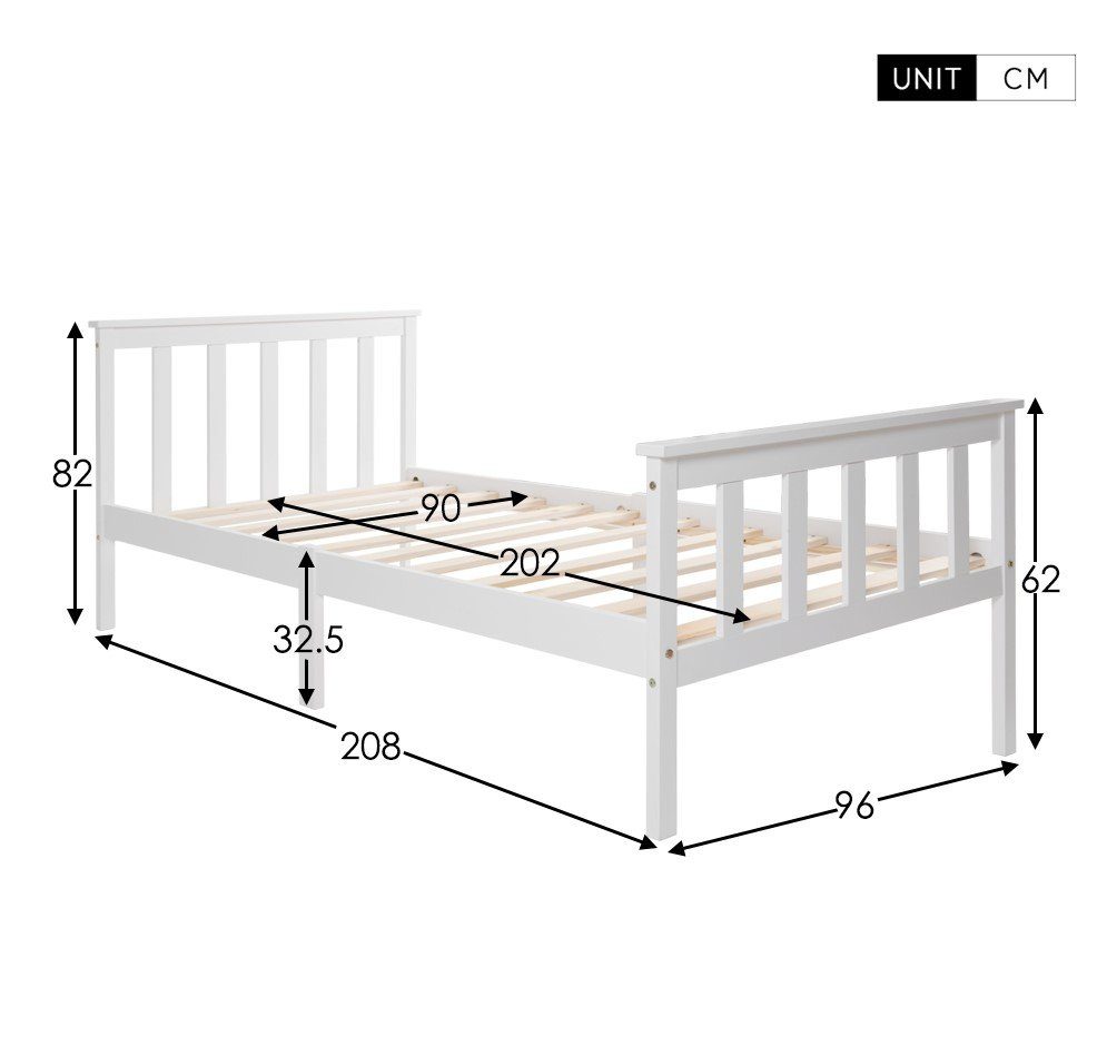Flieks single bed, solid wood bed, children's bed, youth bed 90x200cm, pine, white