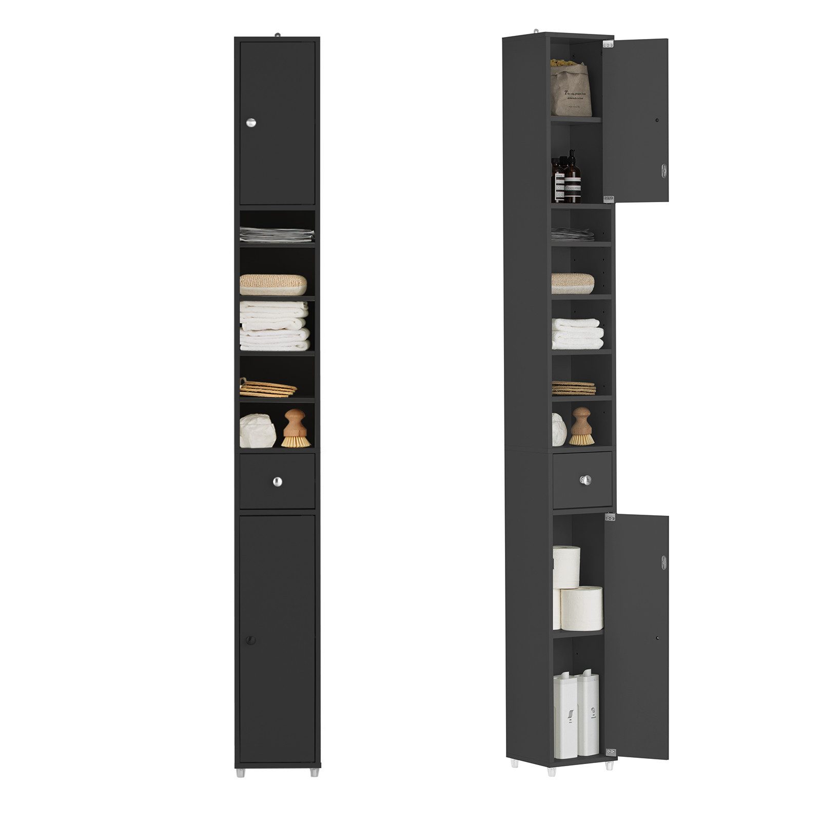 SoBuy Hochschrank BZR34, Badschrank schmal, Badezimmermöbel, Wasserabweisender Badzimmerschrank mit verstellbare Ablagen Badkommode schmal Badezimmer